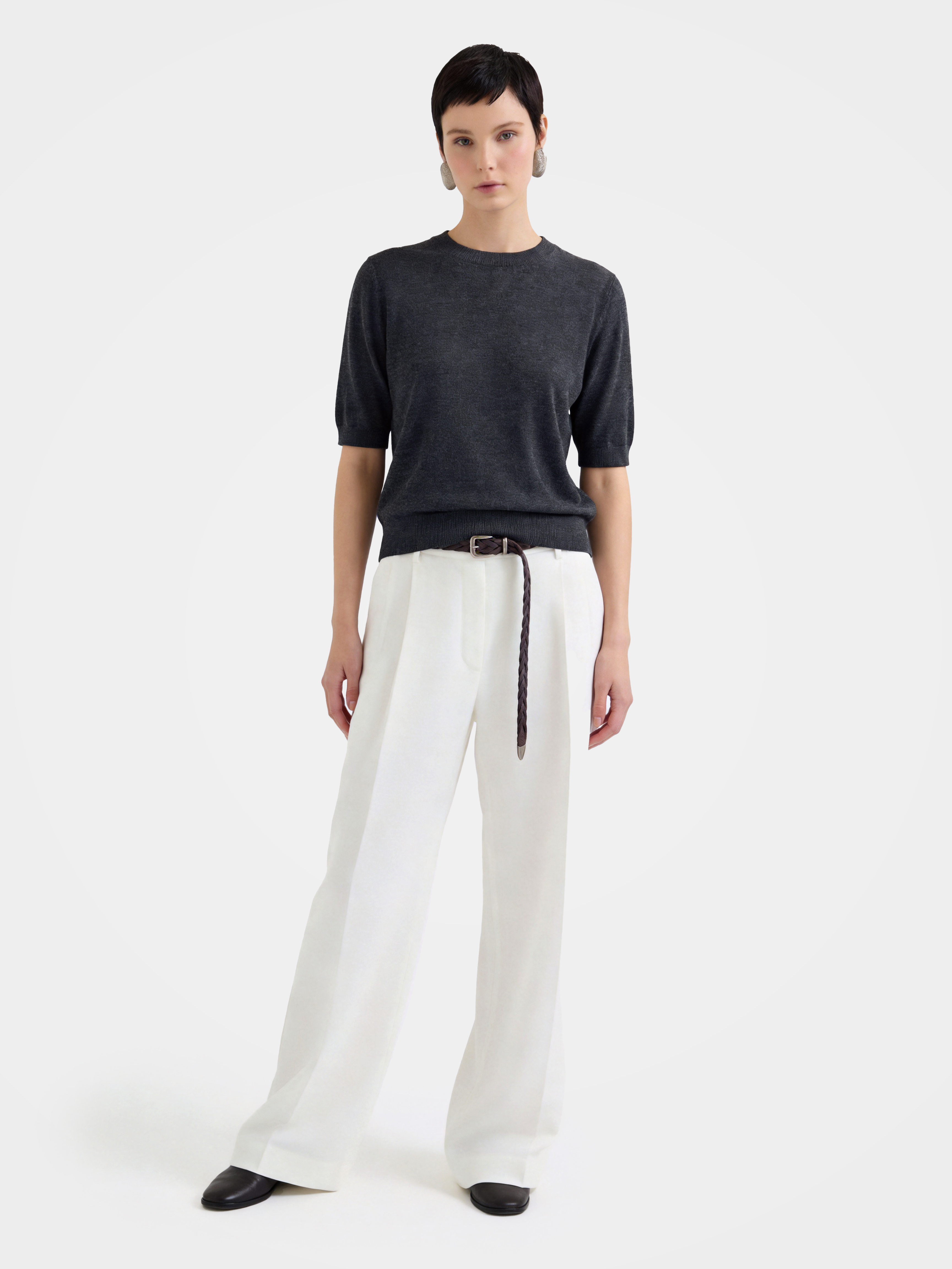 Cashmere Tencel Blend Soft & Lightweight Short Sleeve Knit Top – Crew Neck, Beige/Black/Gray