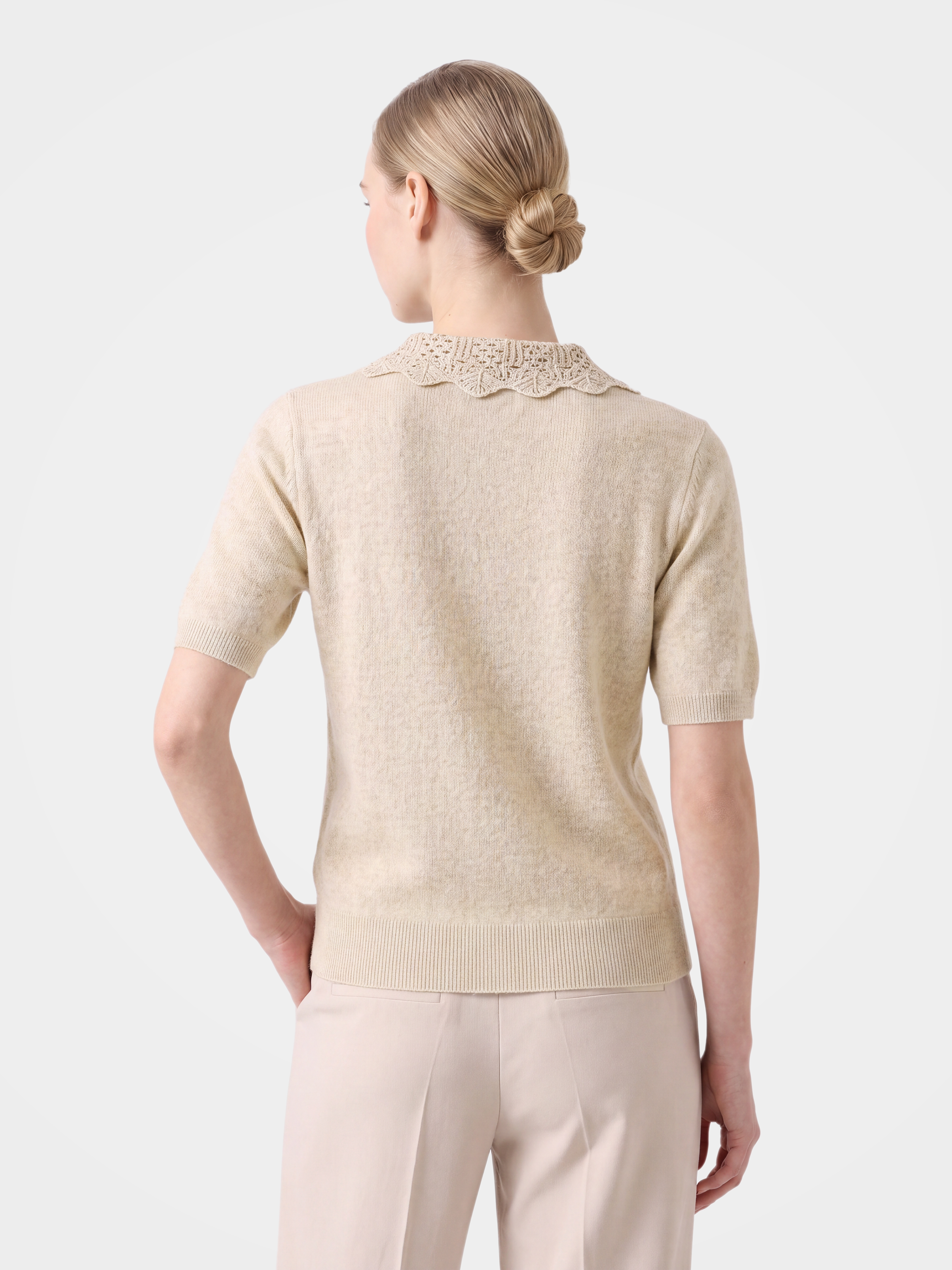 100% Cashmere Openwork Knit Polo Short Sleeve Top