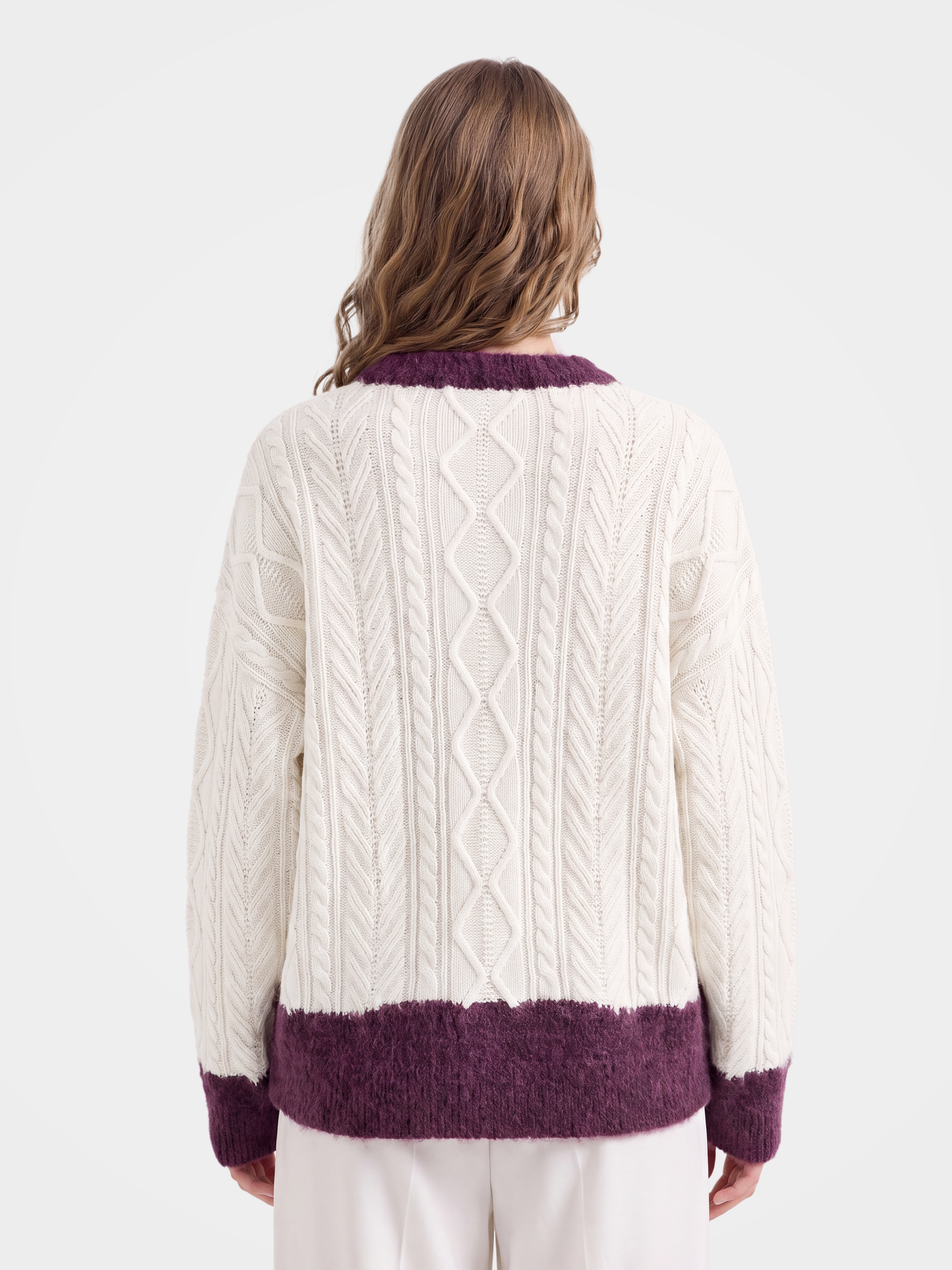 100% Cashmere Cable Knit Sweater with Contrast Brushed Trim