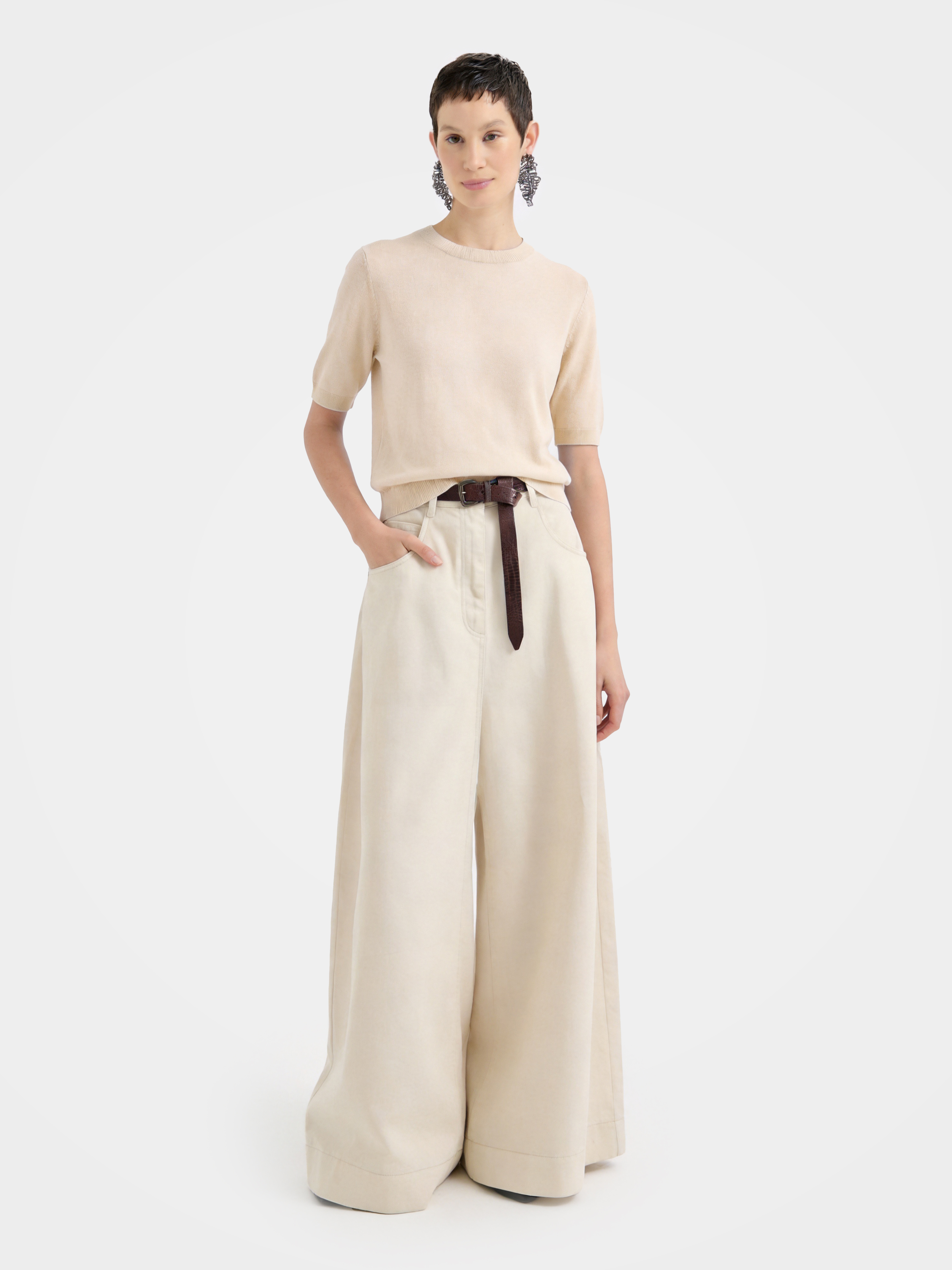 Cashmere Tencel Blend Soft & Lightweight Short Sleeve Knit Top – Crew Neck, Beige/Black/Gray