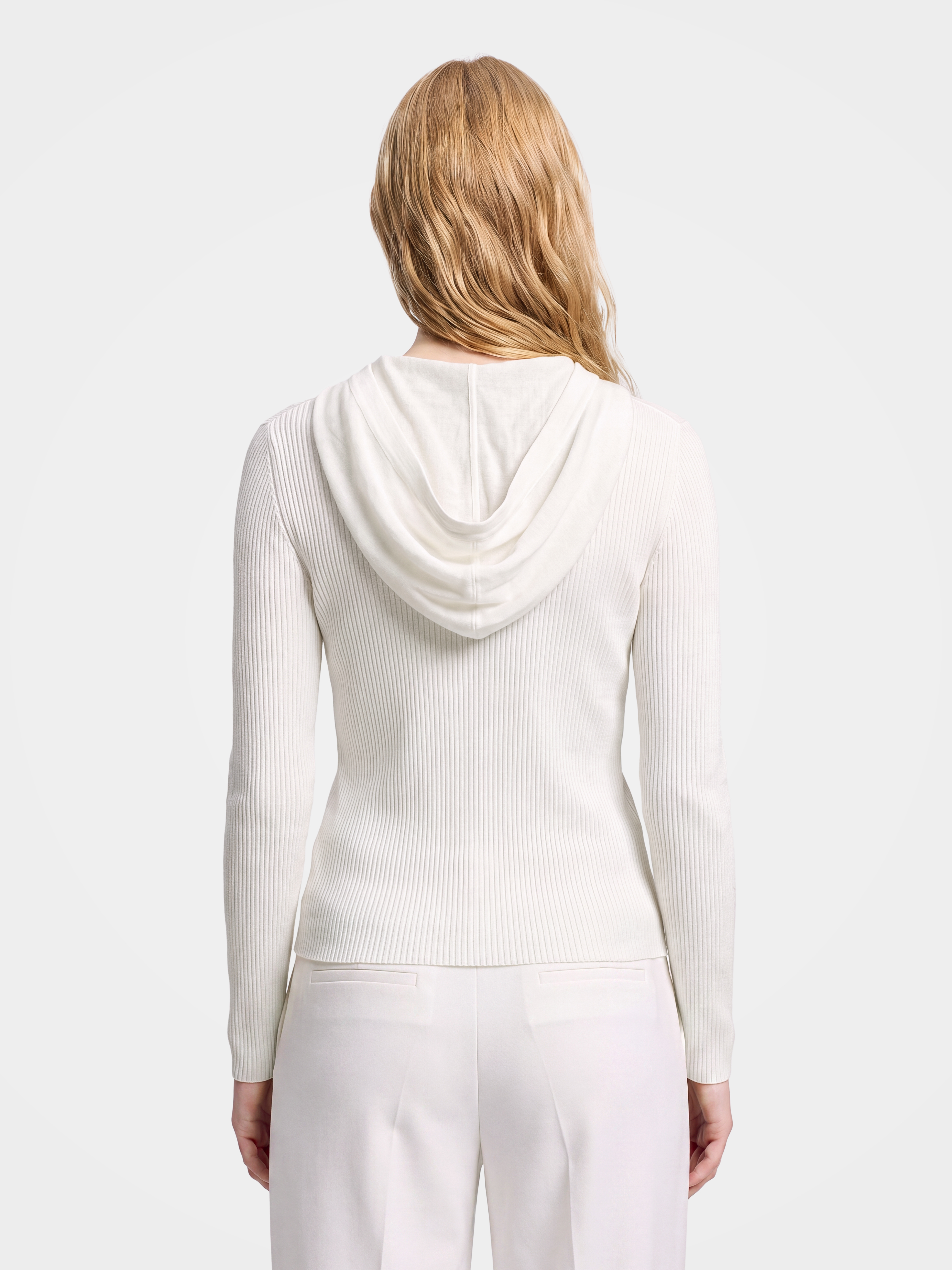 Cashmere Wool Blend Ribbed Hooded Sweater Slim Fit Long Sleeve Knit Top