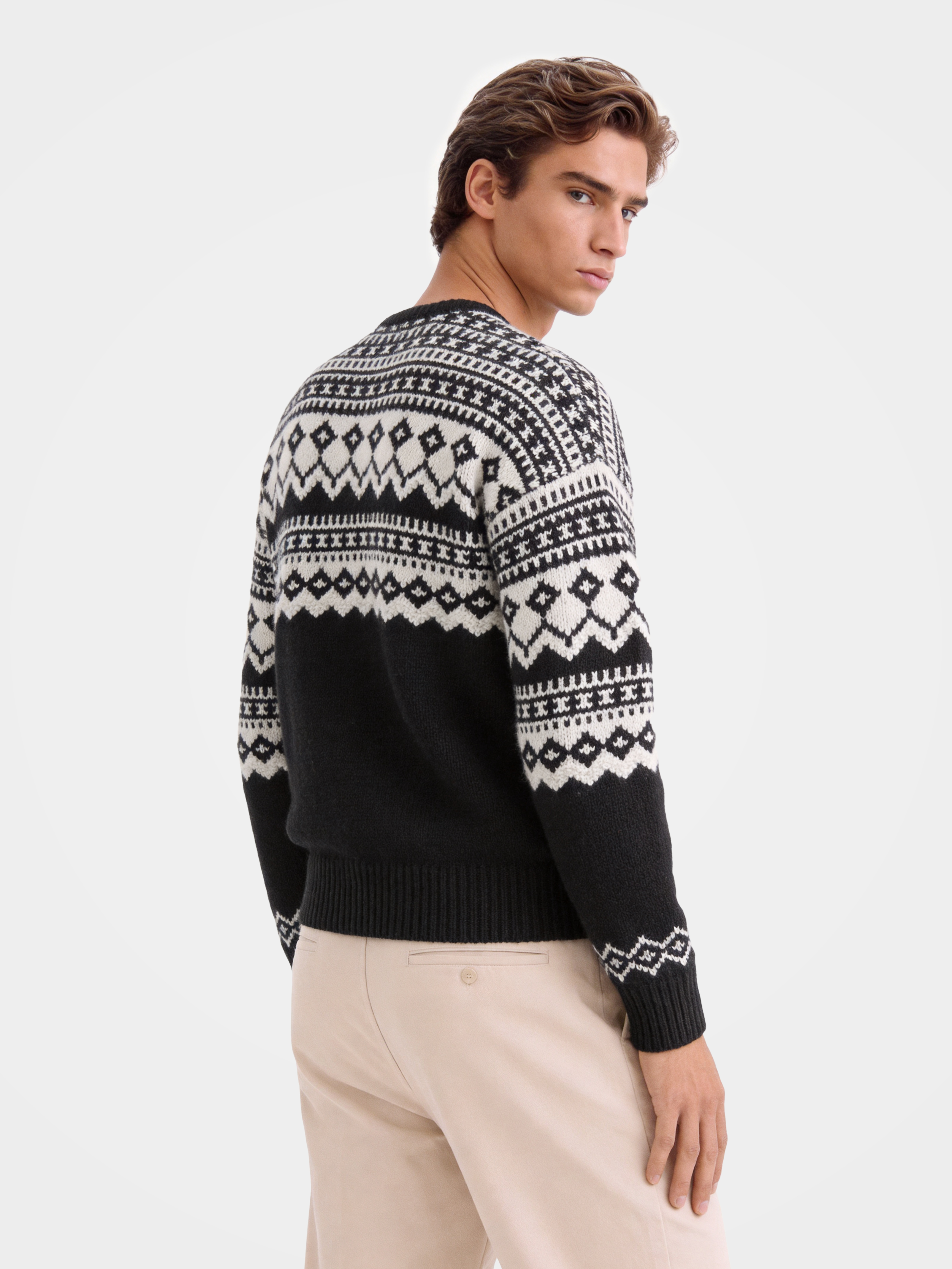 Pre-Order | Men’s 100% Cashmere Crew Neck Fair Isle Knit Cardigan (10-14 Business Days)