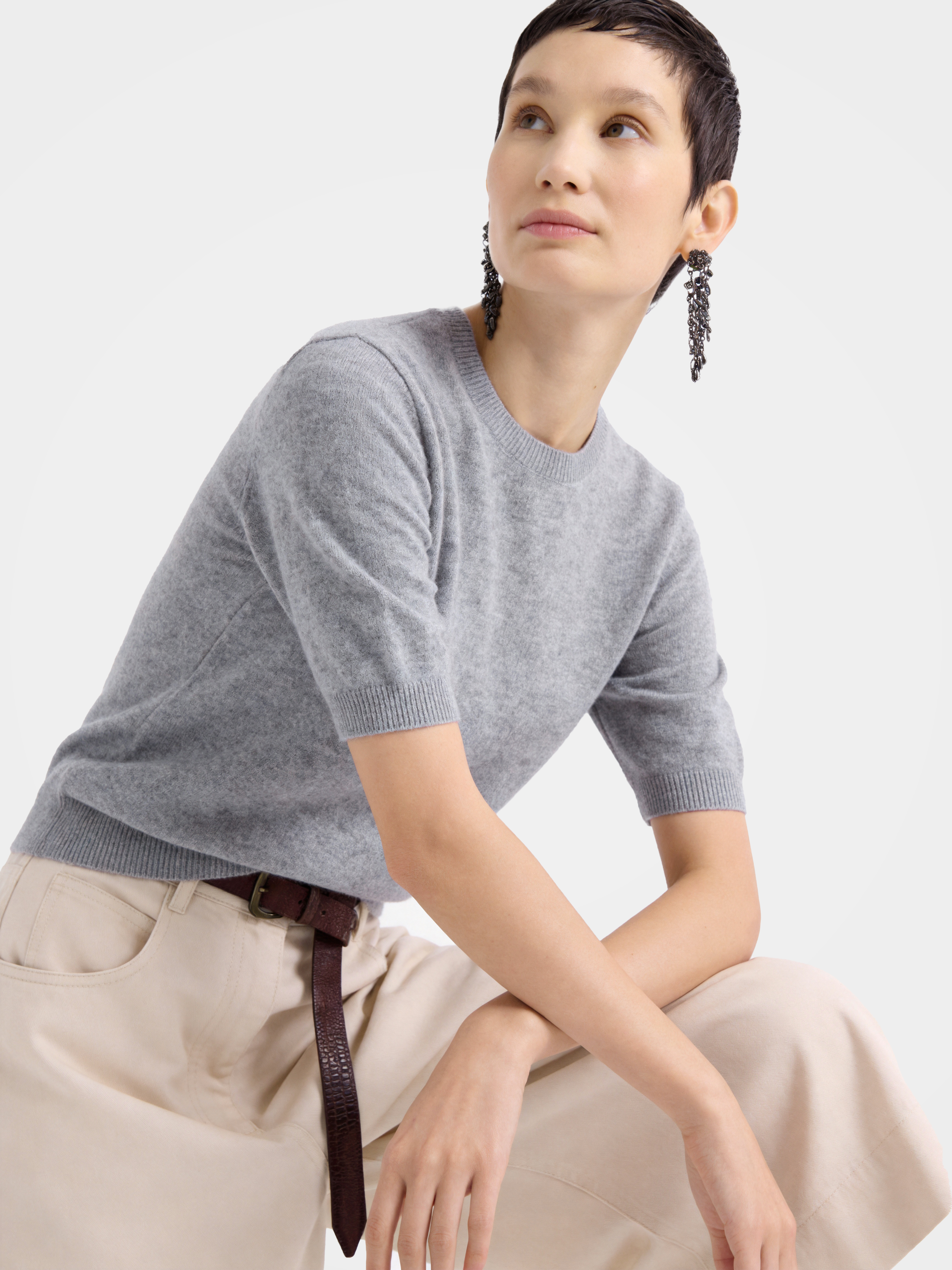 Cashmere Tencel Blend Soft & Lightweight Short Sleeve Knit Top – Crew Neck, Beige/Black/Gray