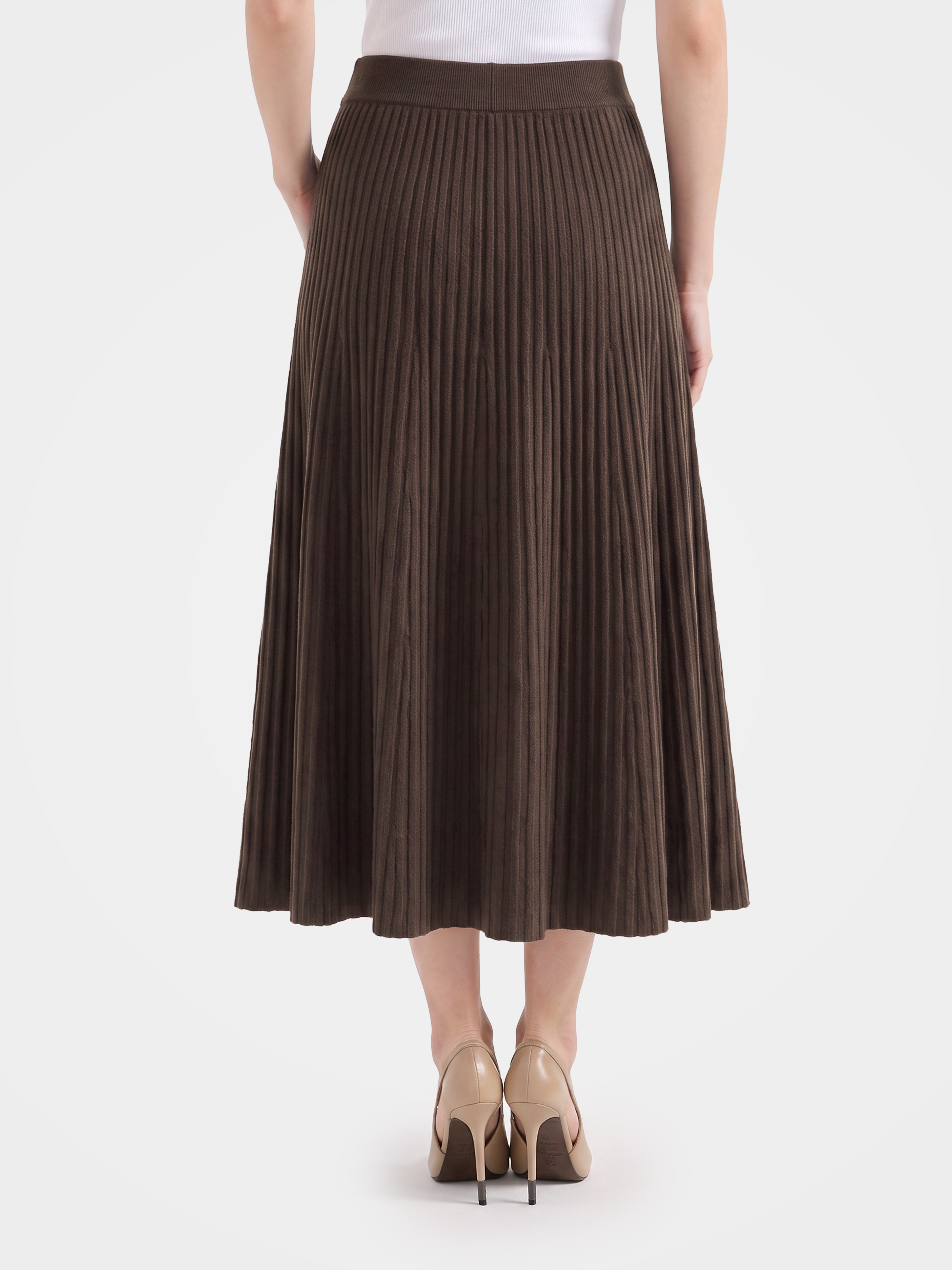 100% Mongolian Cashmere Rib Knit Pleated Midi Skirt