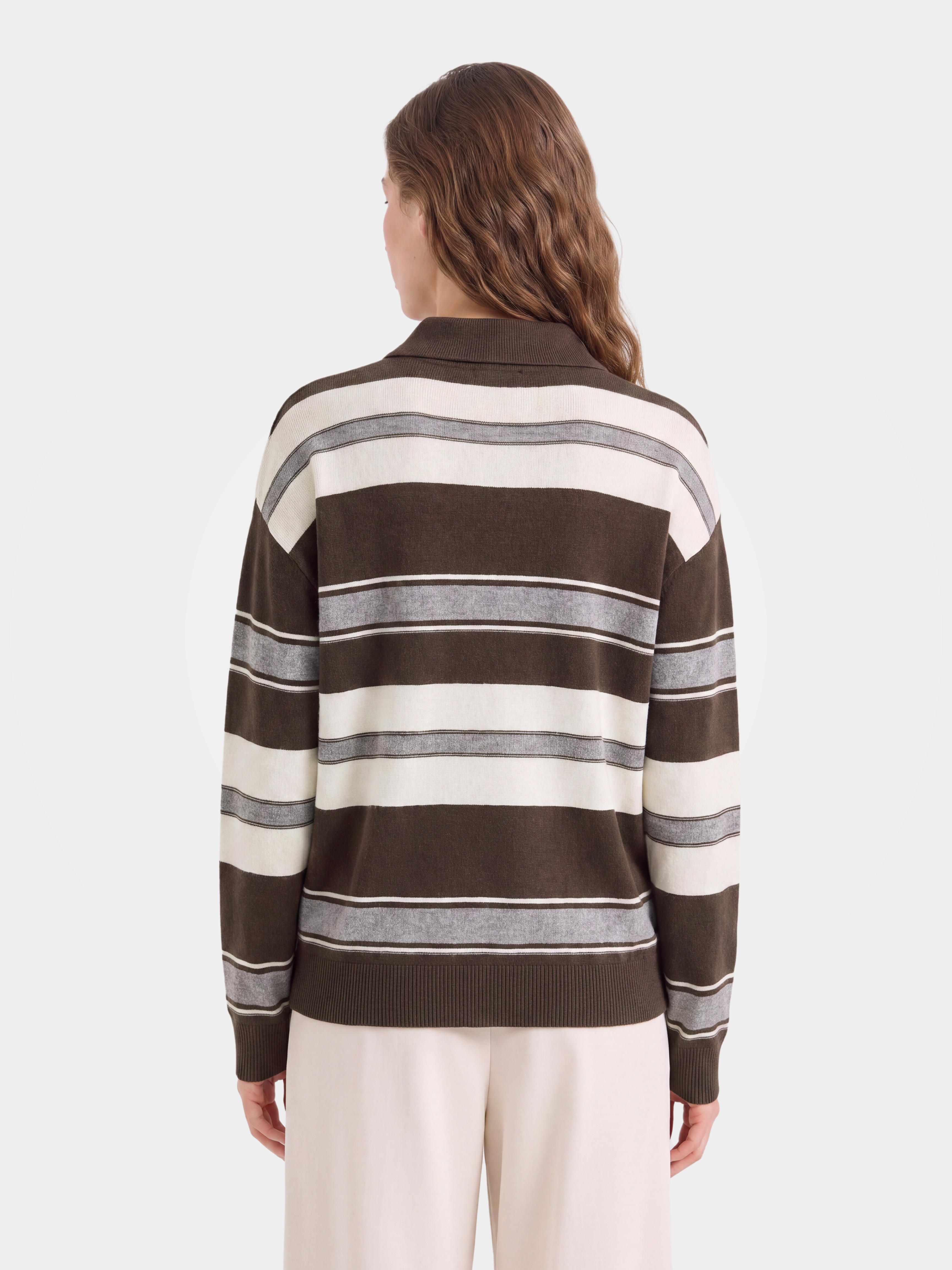 100% Cashmere Striped Polo Collar Long Sleeve Knit Sweater