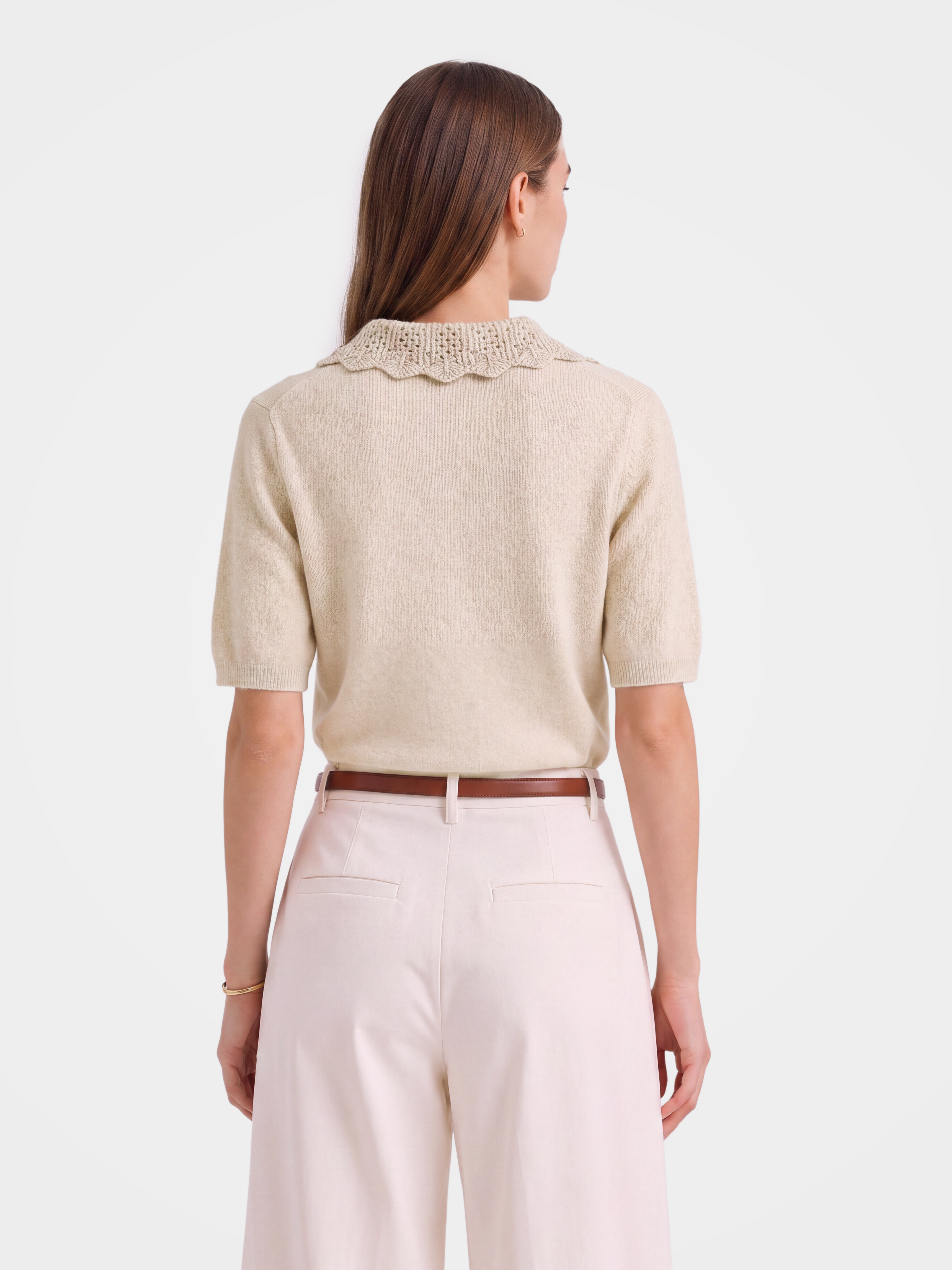 100% Cashmere Openwork Knit Polo Short Sleeve Top
