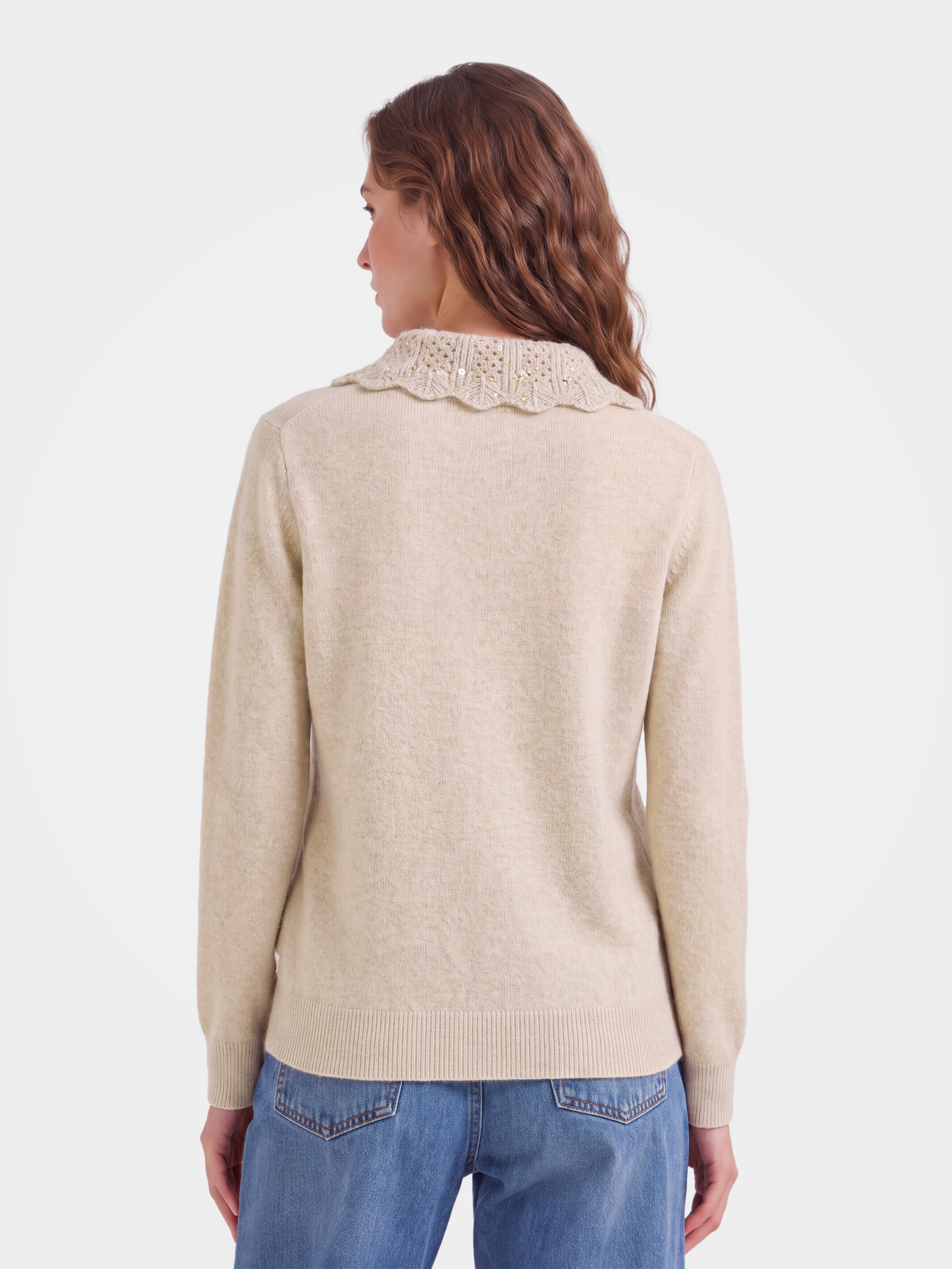 100% Cashmere Openwork Knit Polo Long Sleeve Sweater