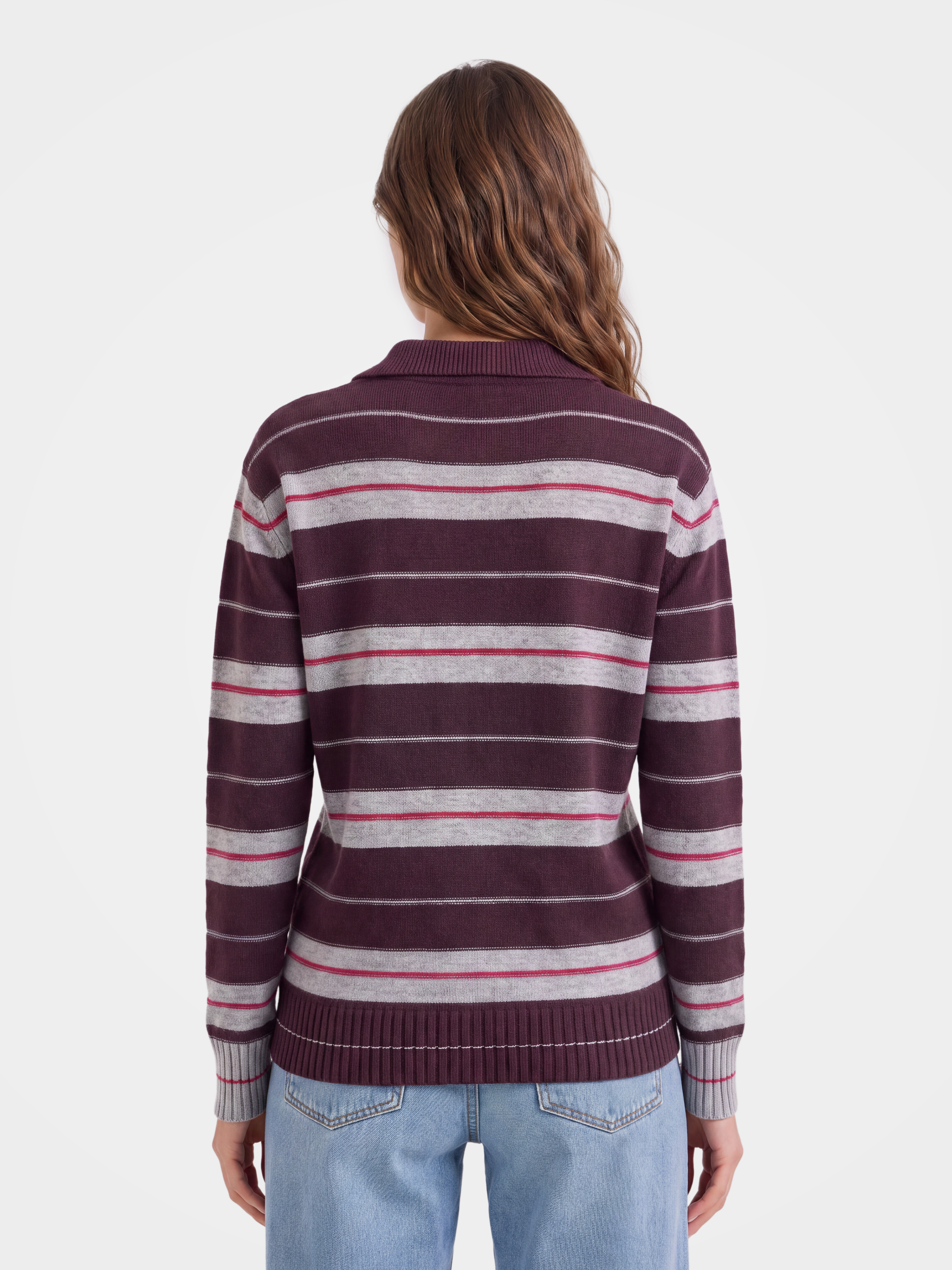 100% Cashmere Striped Polo Collar Knit Sweater