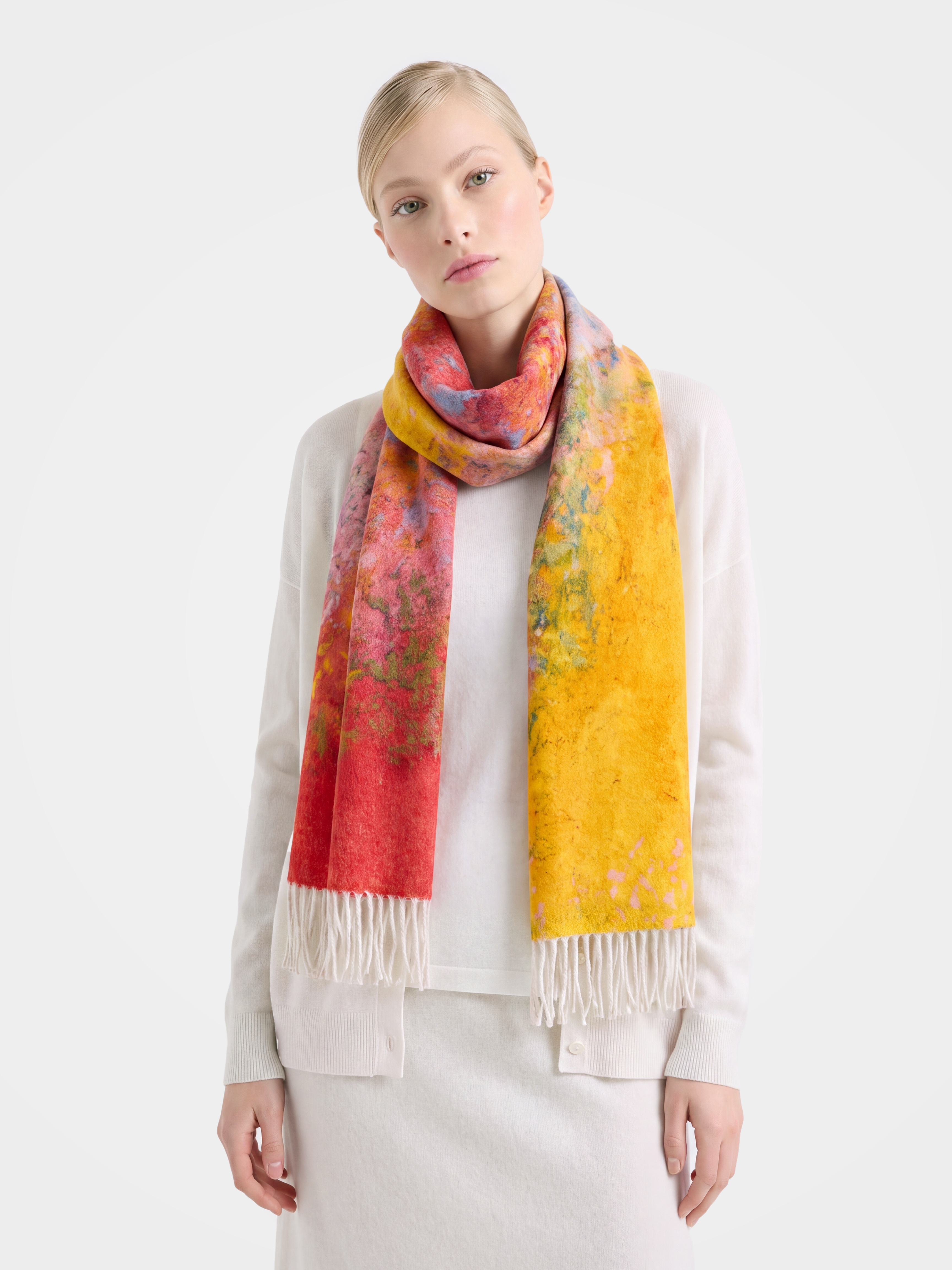 100% Cashmere Abstract Art Print Fringe Long Scarf