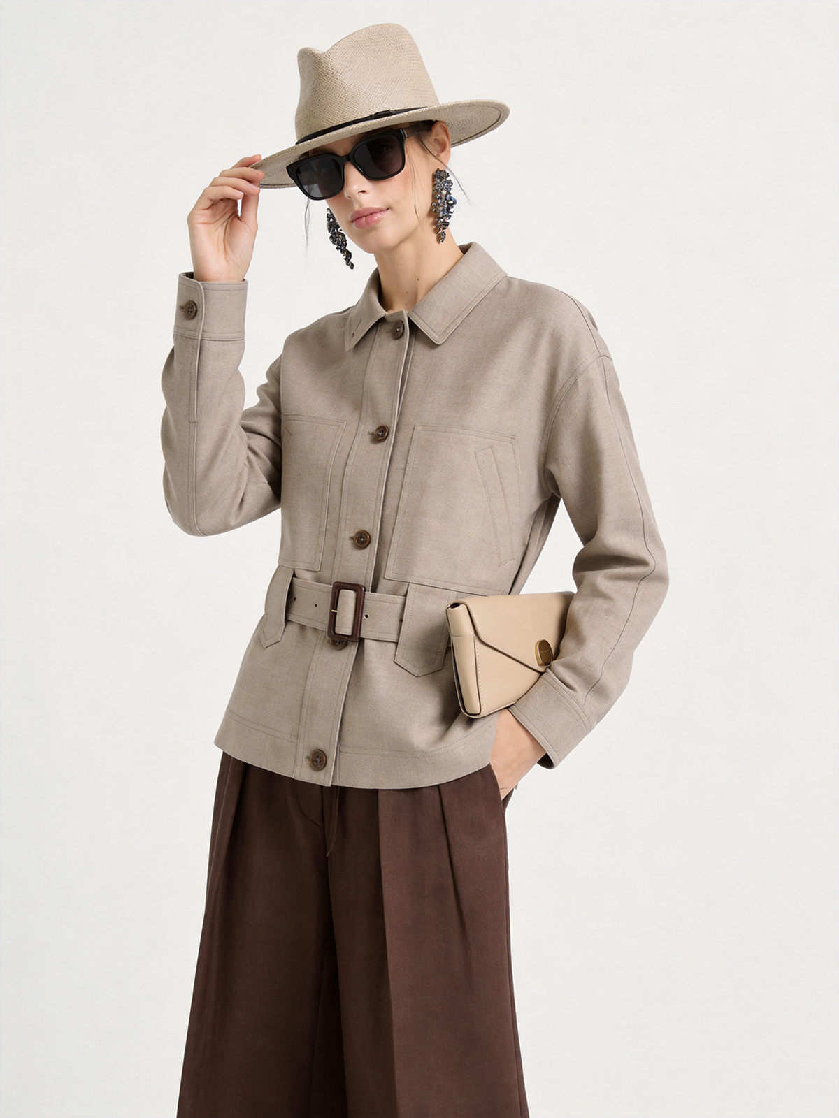Wool Blend Button Front Belted Shirt Jacket