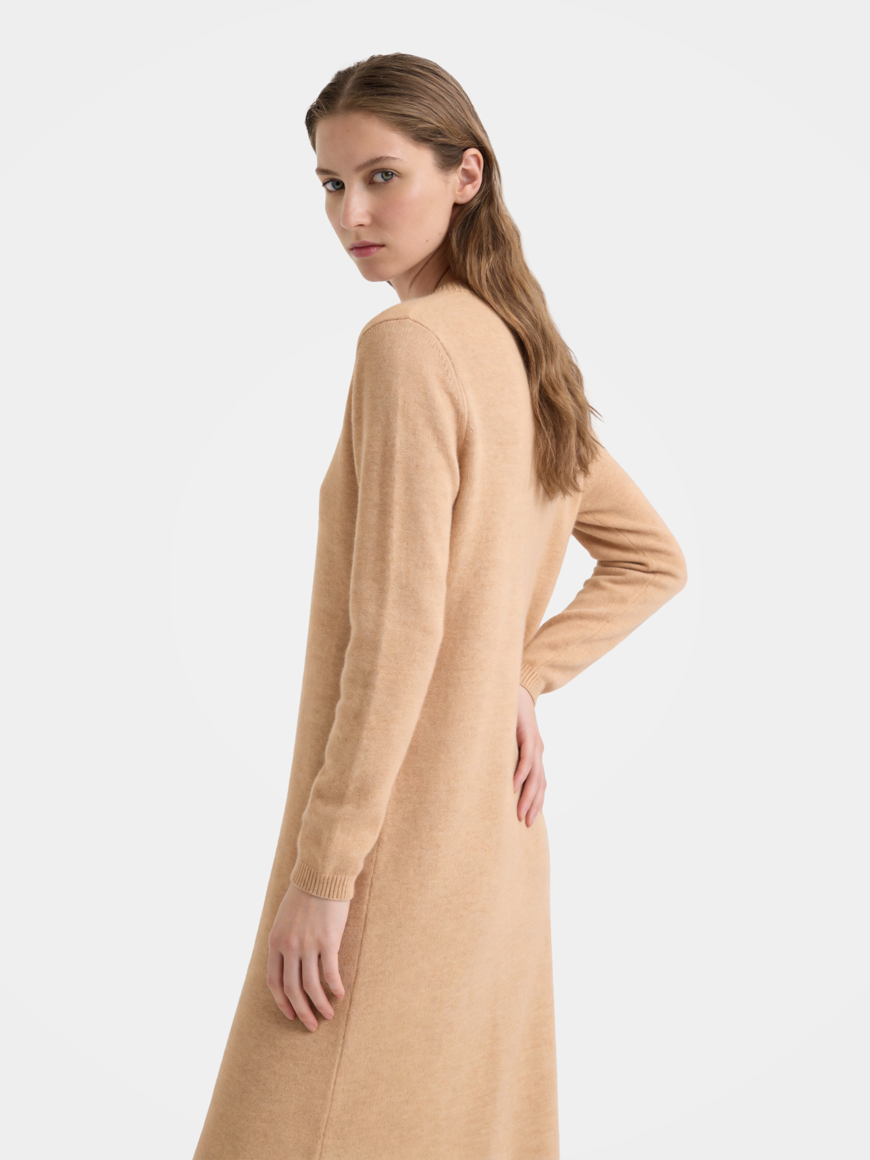 100% Cashmere Long Sleeve Crew Neck Midi Sweater Dress