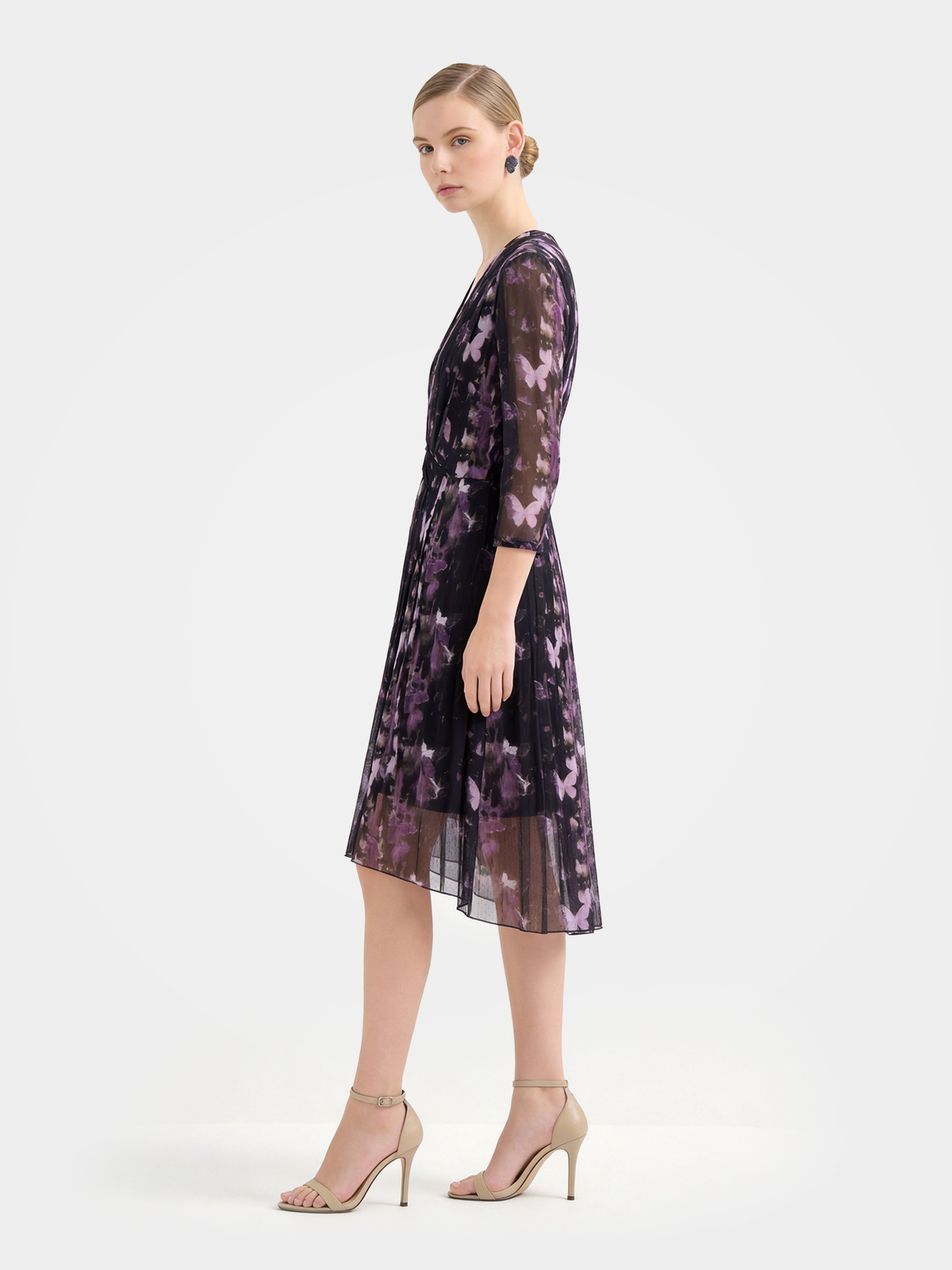 Sheer Printed Mulberry Silk Midi-Length Dress