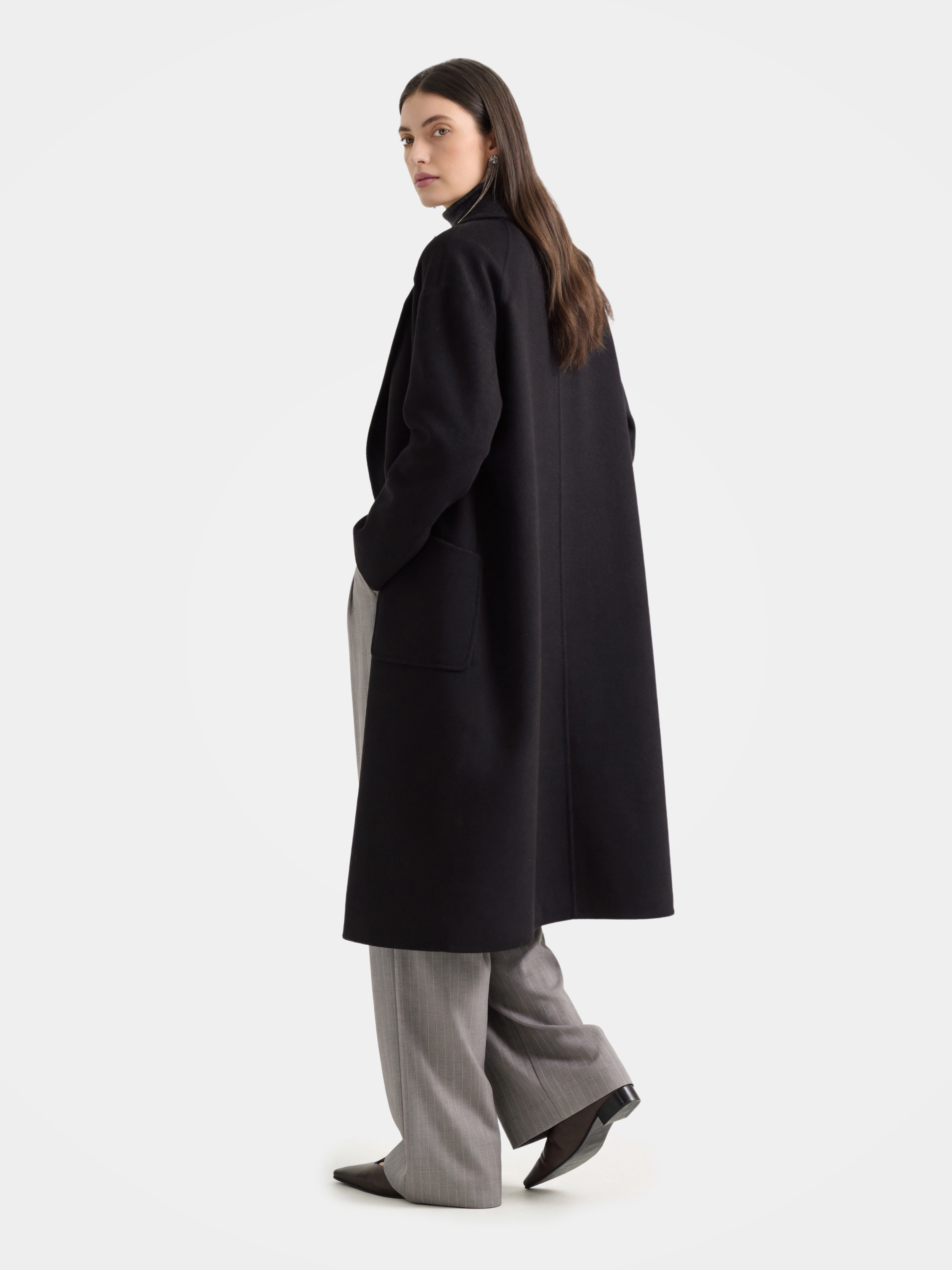 Wool Long Wool Blend Coat Open Front Longline Relaxed Fit Lapels bathrobe