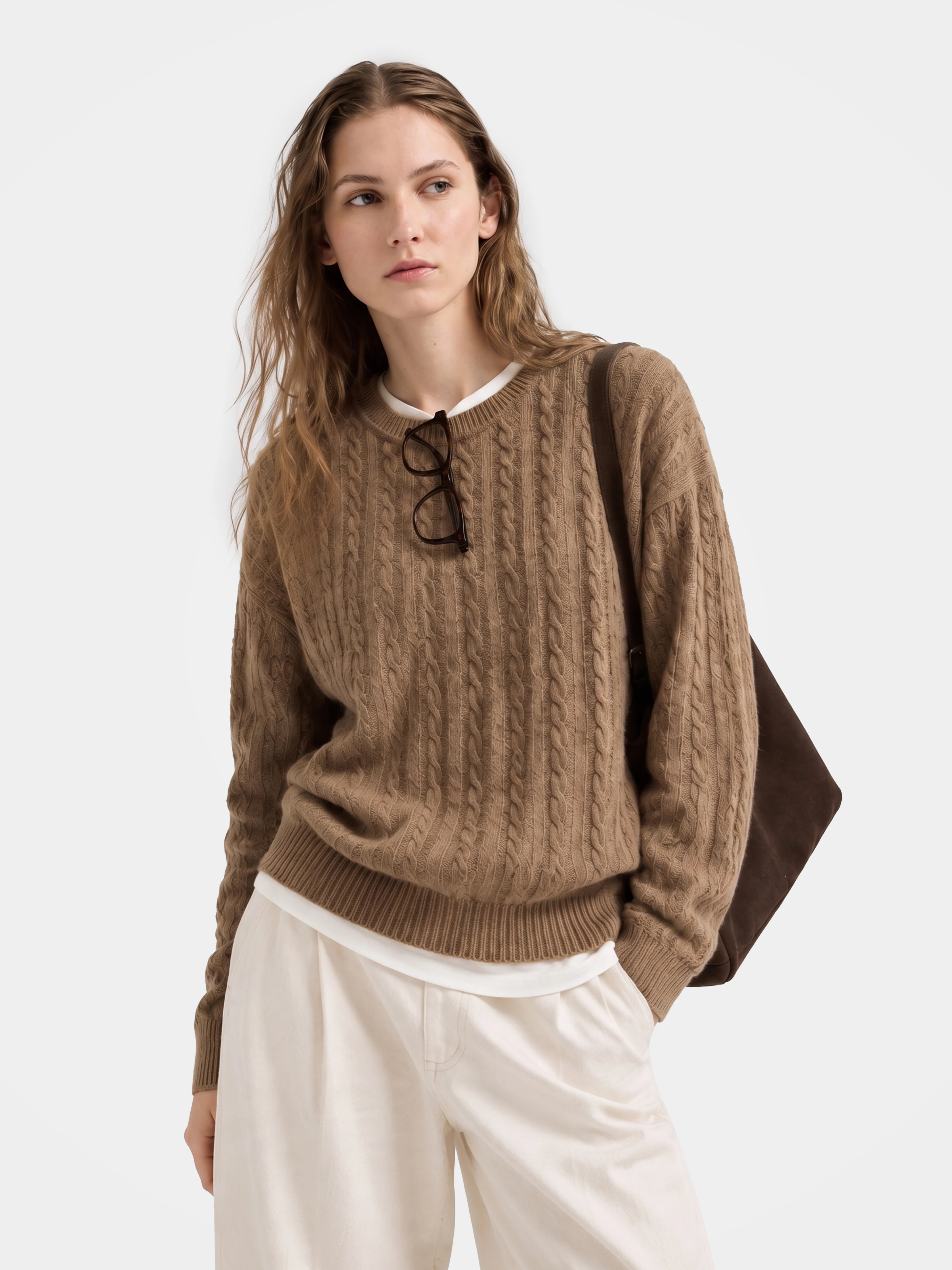 Cable-Knit Wool-Cashmere Crew Neck Sweater