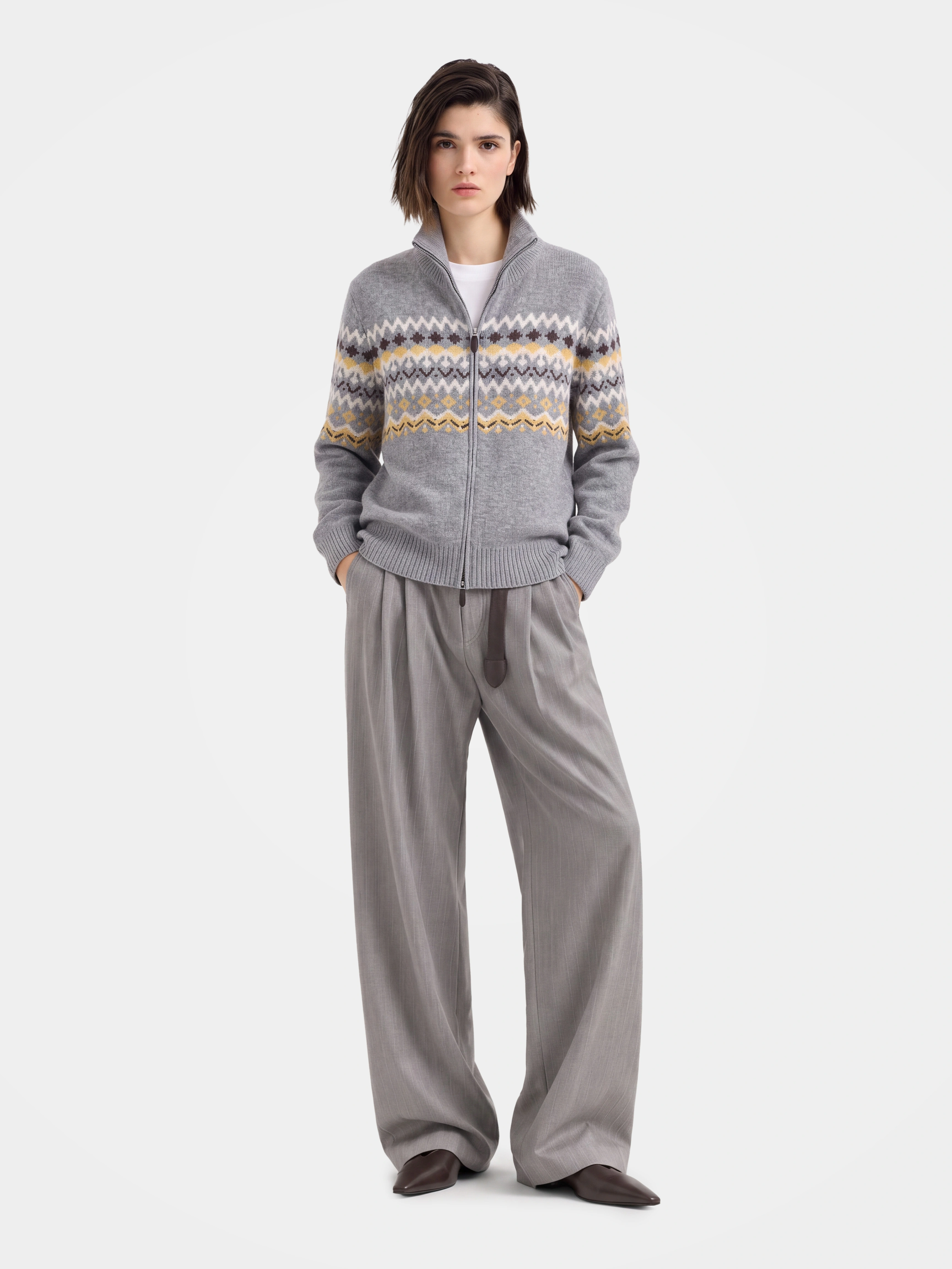 100% Mongolian Cashmere Fair Isle Zip Cardigan