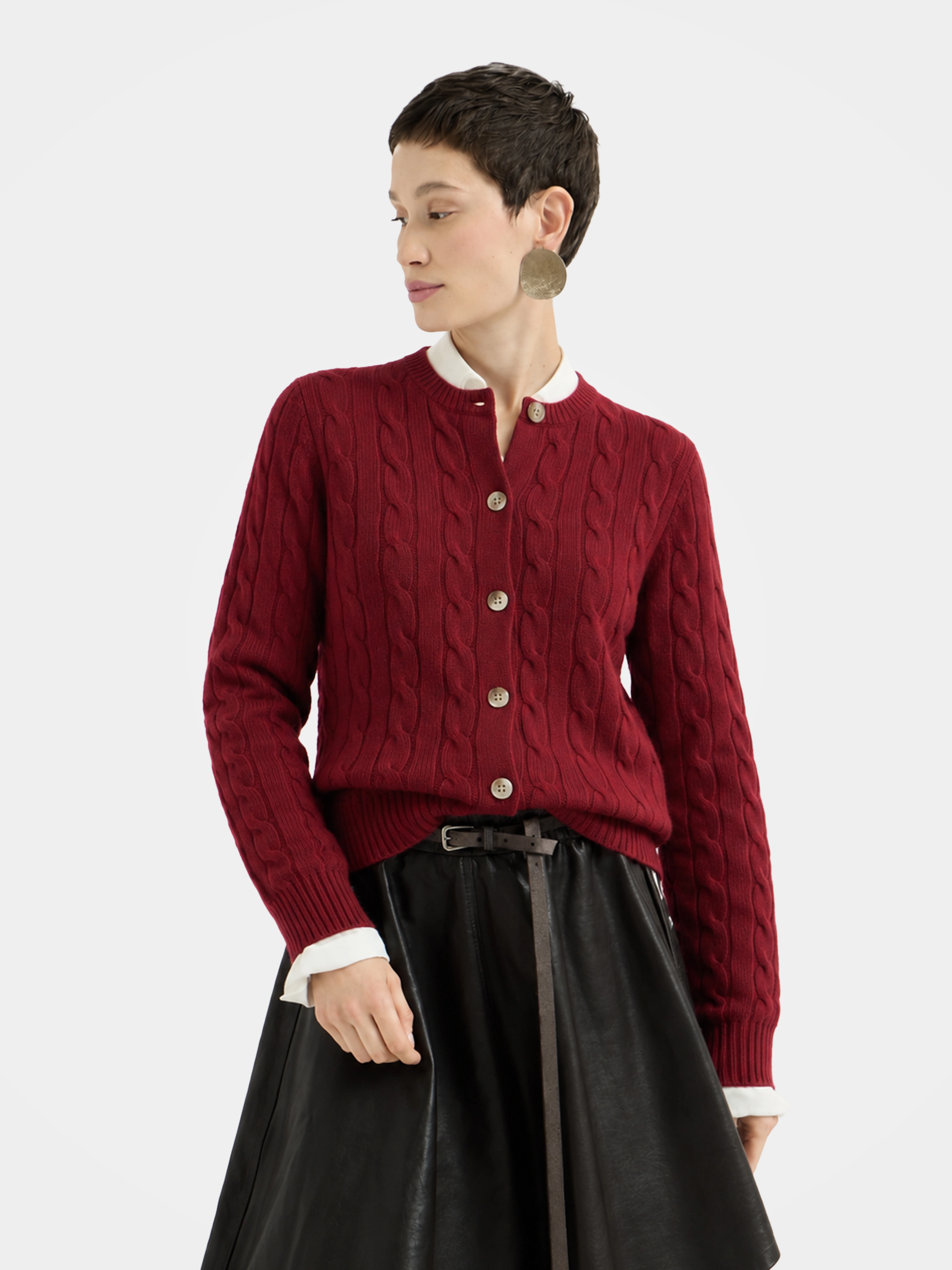 100% Mongolian Cashmere Cable Knit Crew Neck Button Cardigan