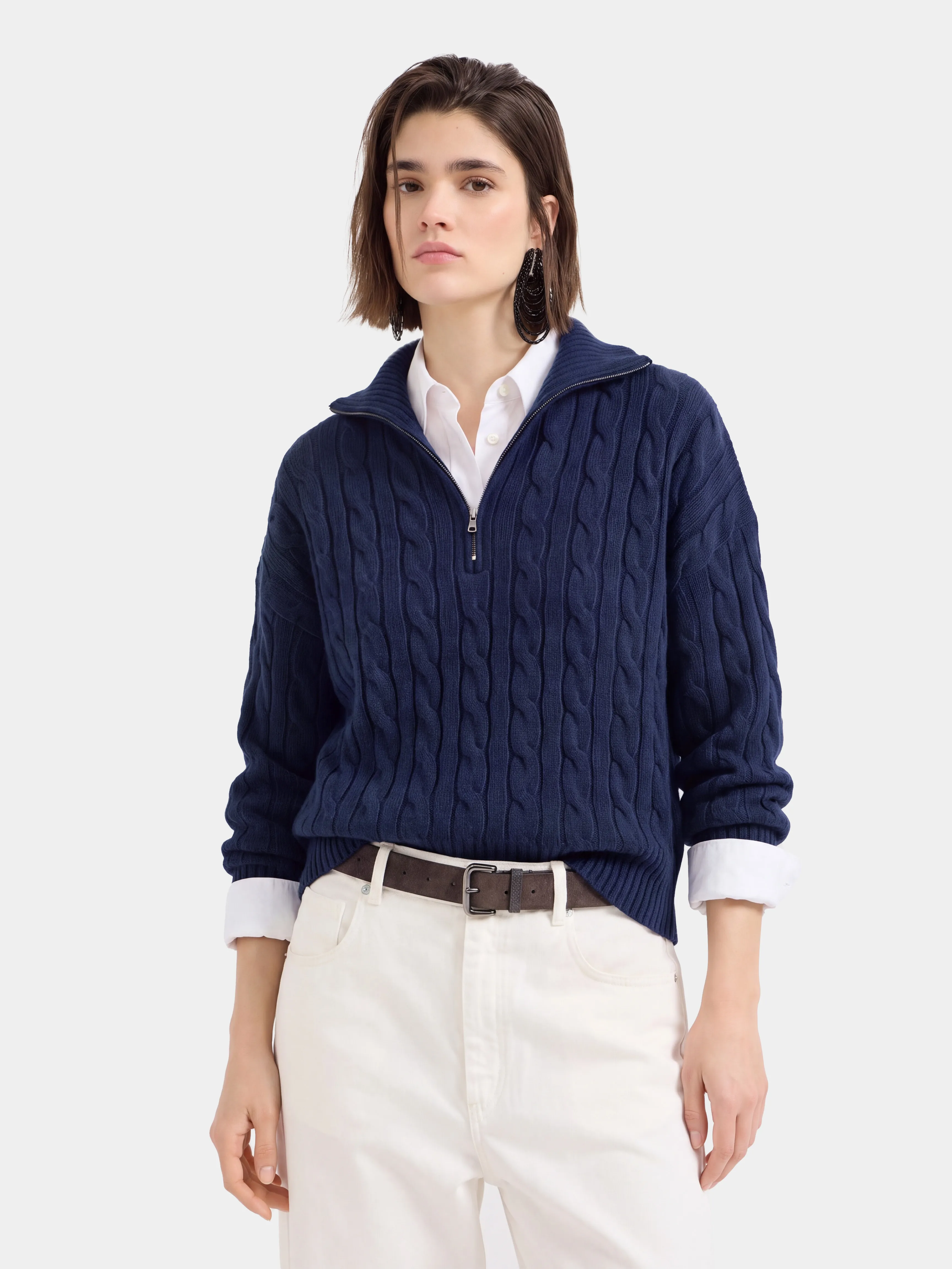 100% Mongolian Cashmere Cable Knit Half-Zip Polo Sweater
