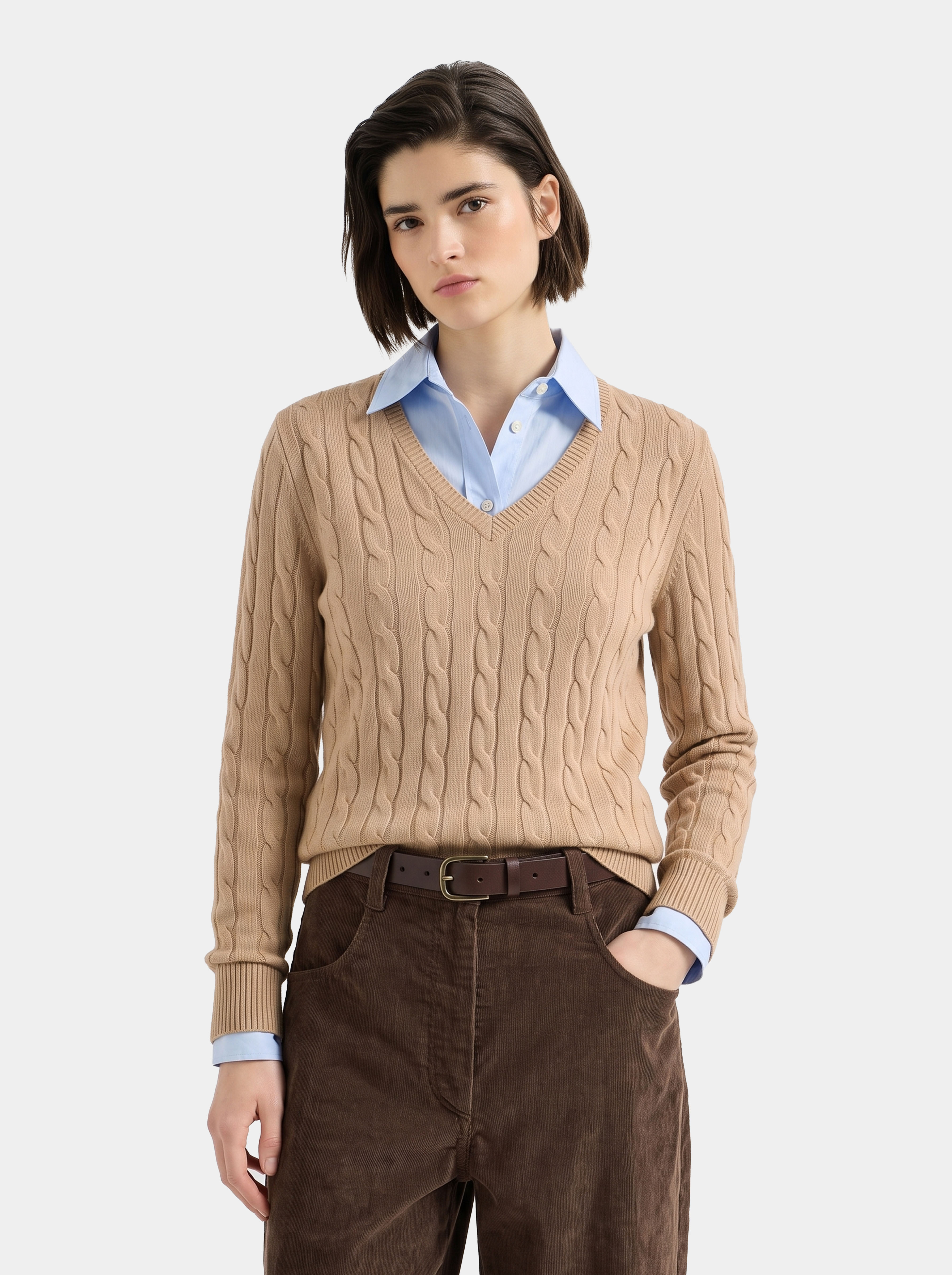 100% Mongolian Cashmere Classic Cable Knit V-Neck Sweater