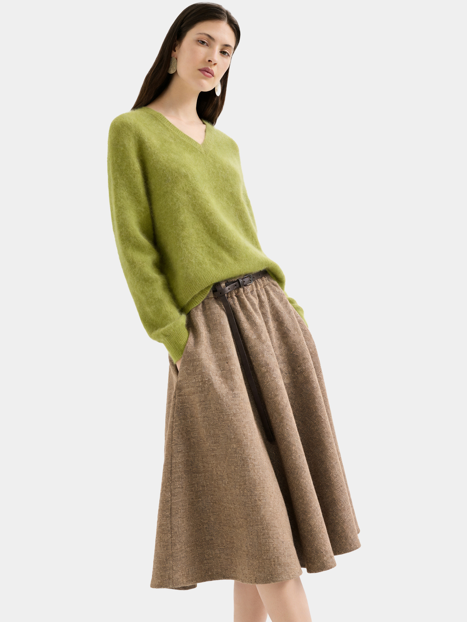 Wool Blend Brushed V Neck Long Sleeve Sweater