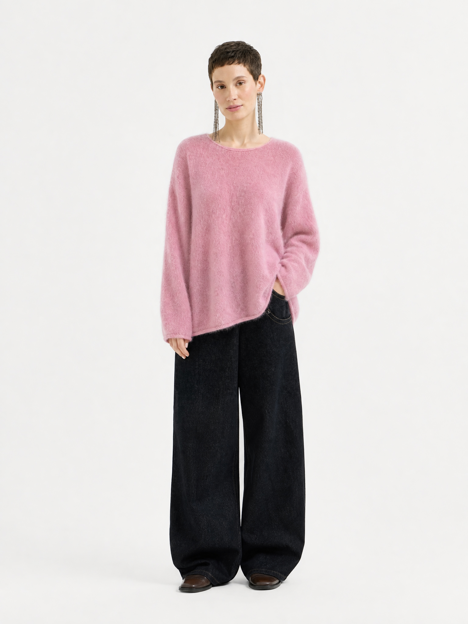 Wool Blend Brushed Crew Neck Relaxed Fit Long Sleeve Sweater