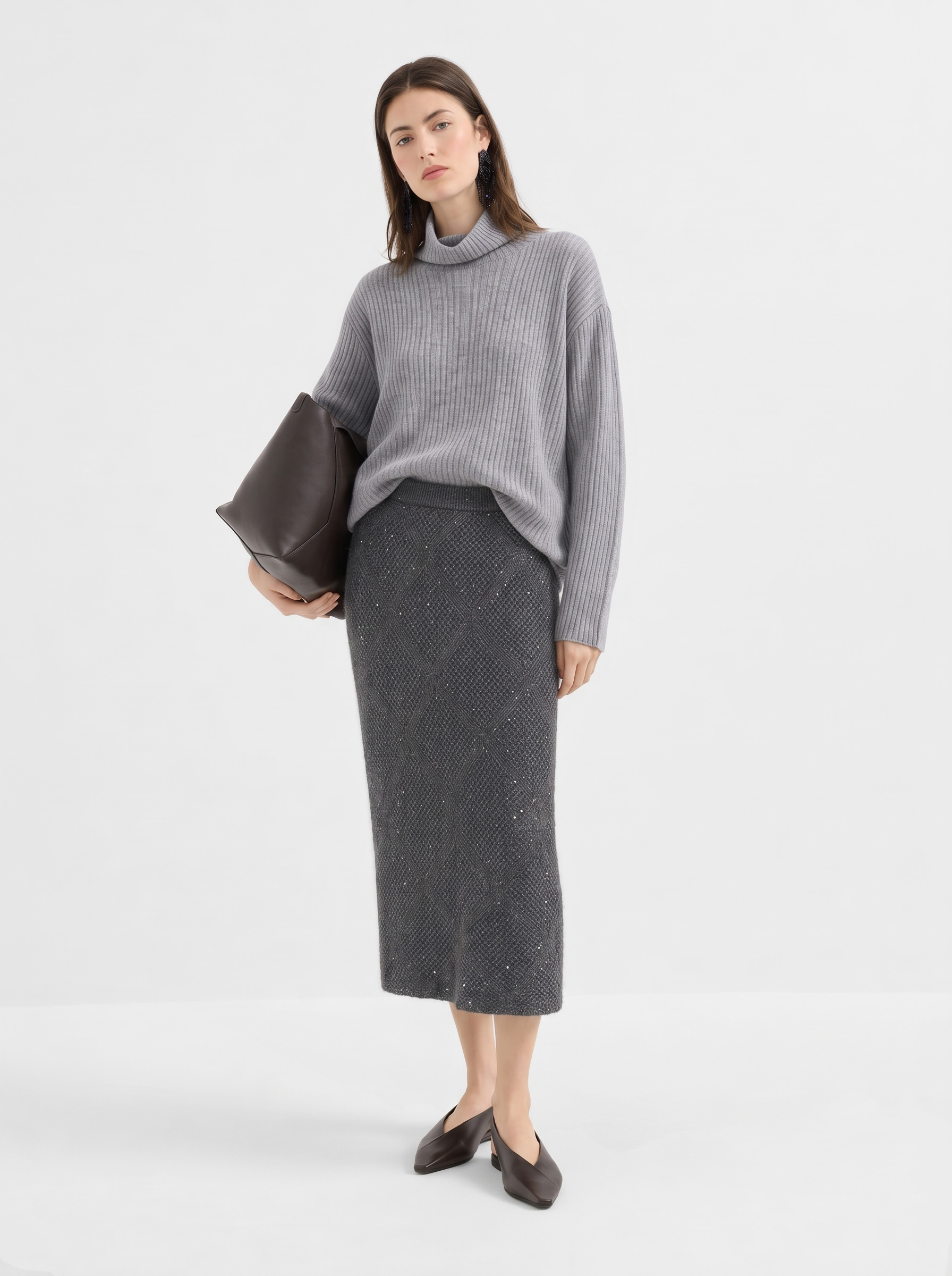 100% Mongolian Cashmere Diamond Textured Sparkle Knit Midi Skirt