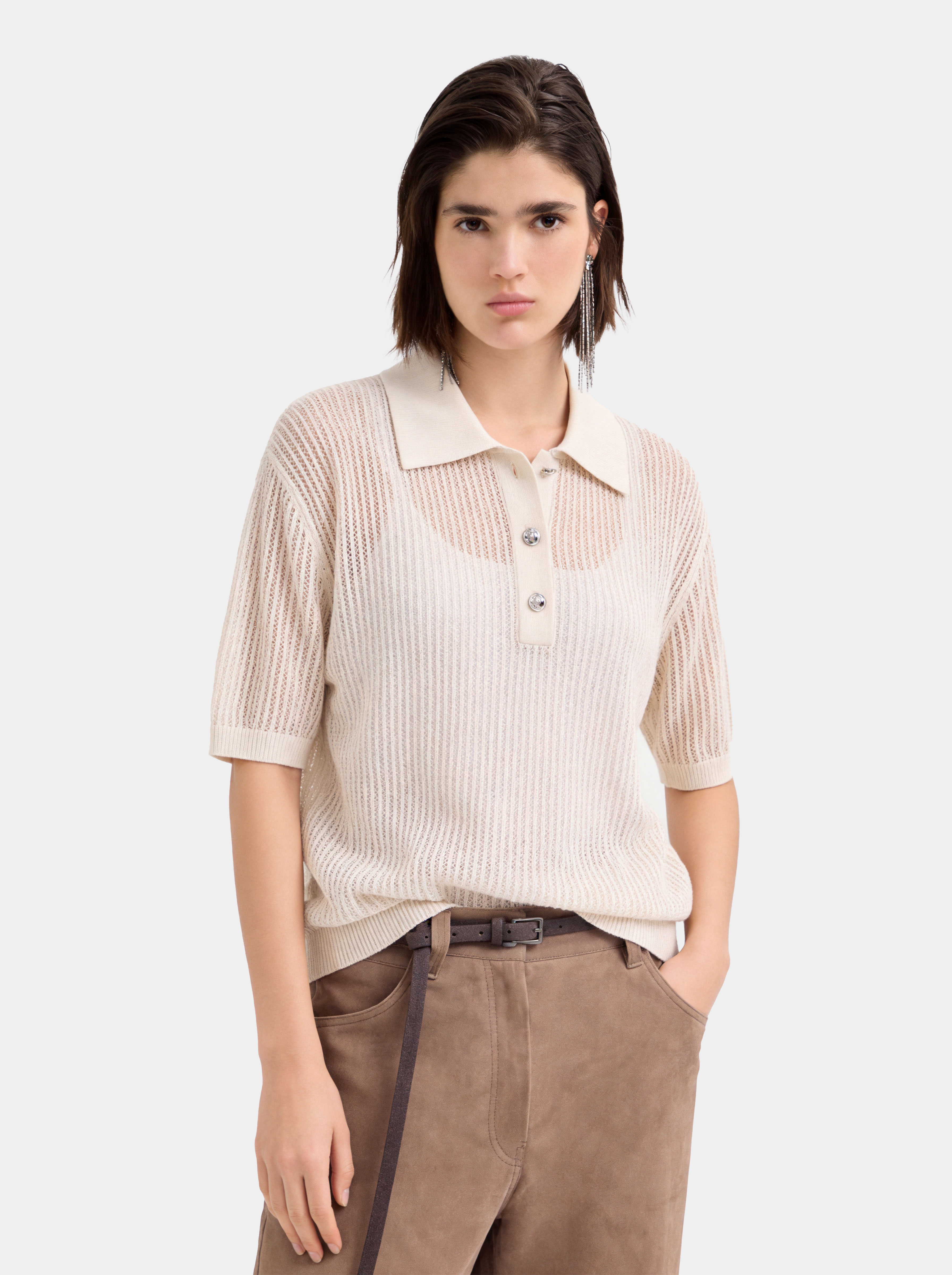 Cotton Silk Blend Open Knit Short Sleeve Polo Top