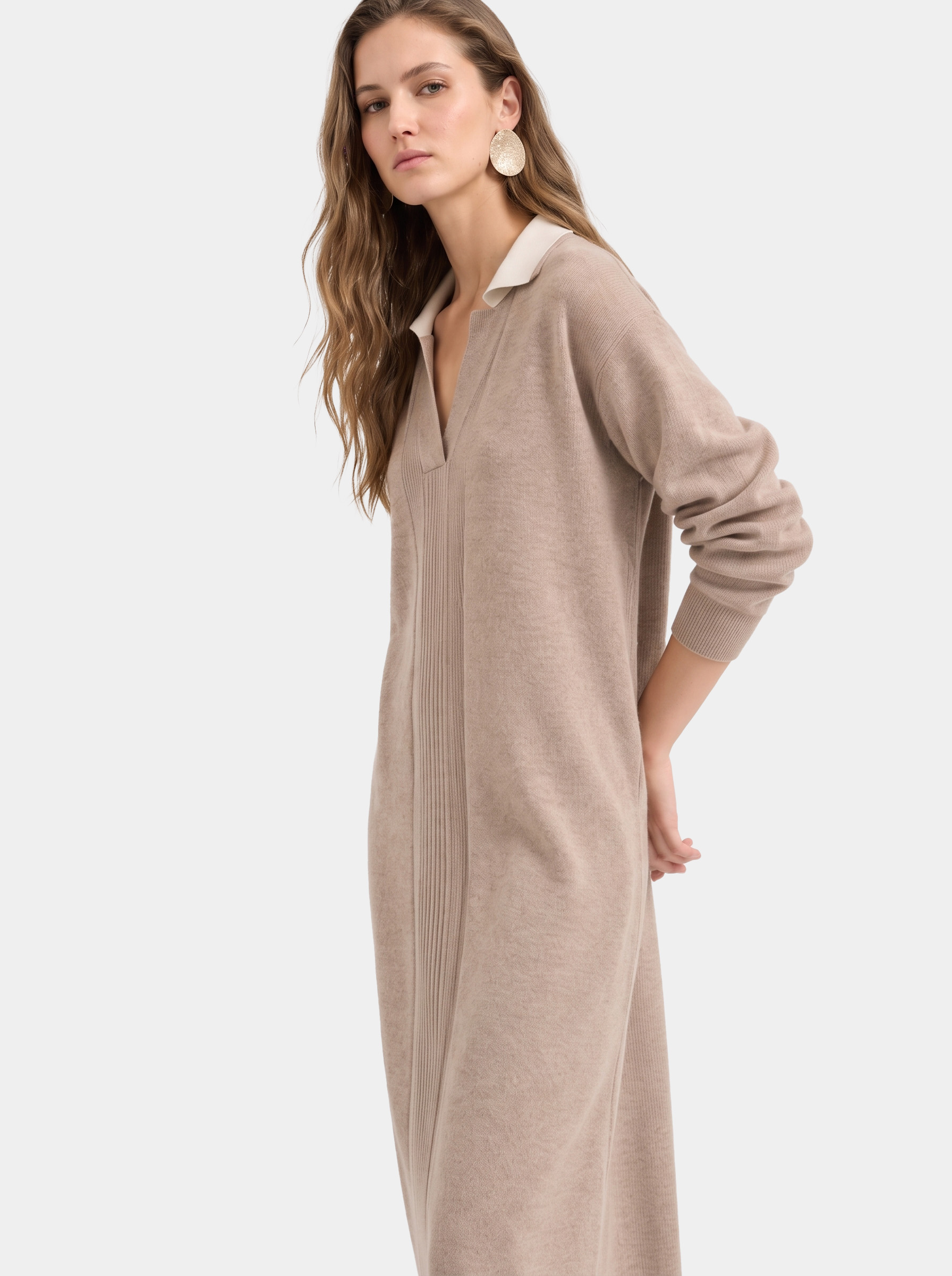 100% Cashmere V Neck Collared Long Sleeve Midi Sweater Dress