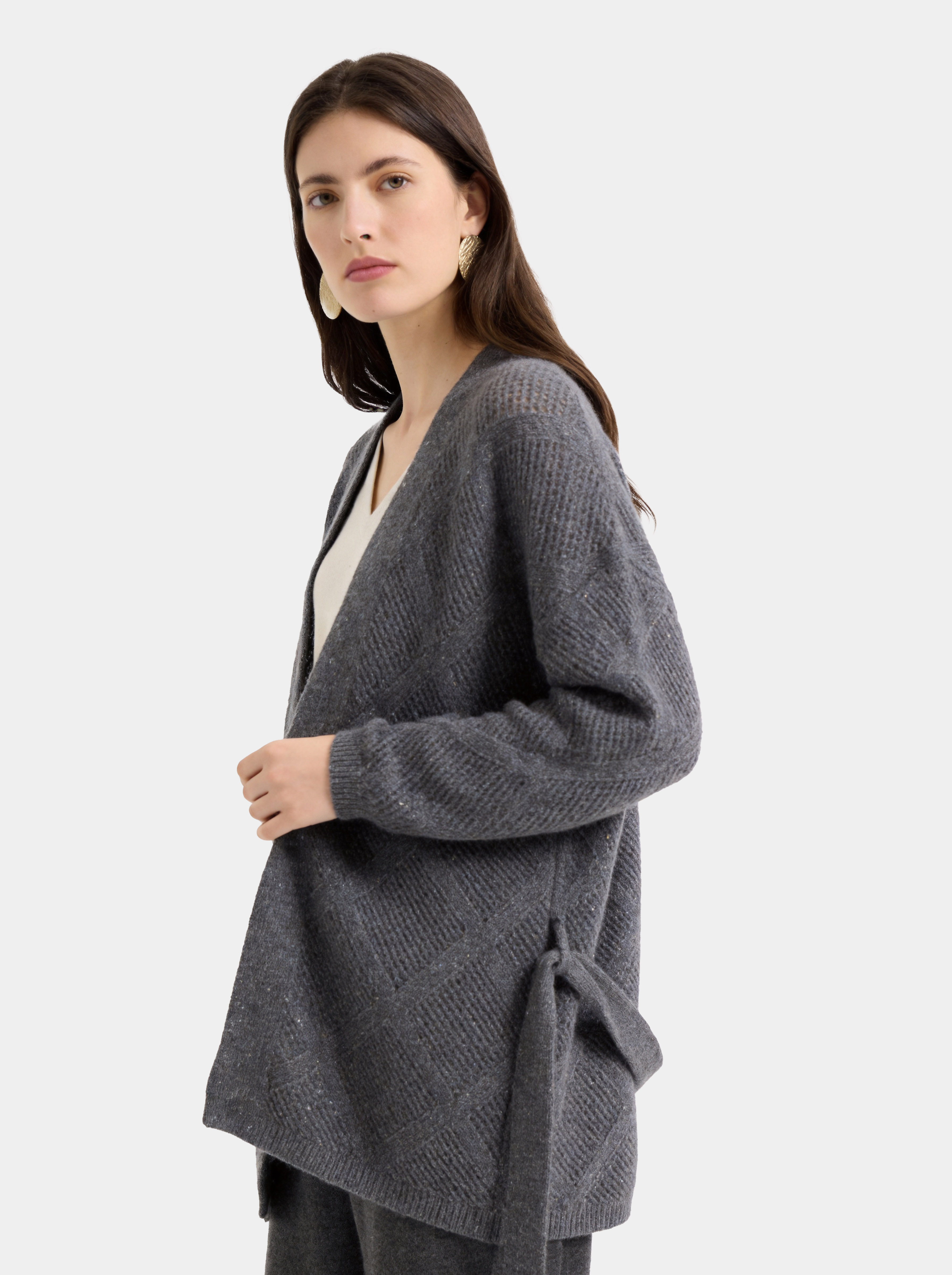 100% Cashmere Textured Open Front Belted Longline Cardigan