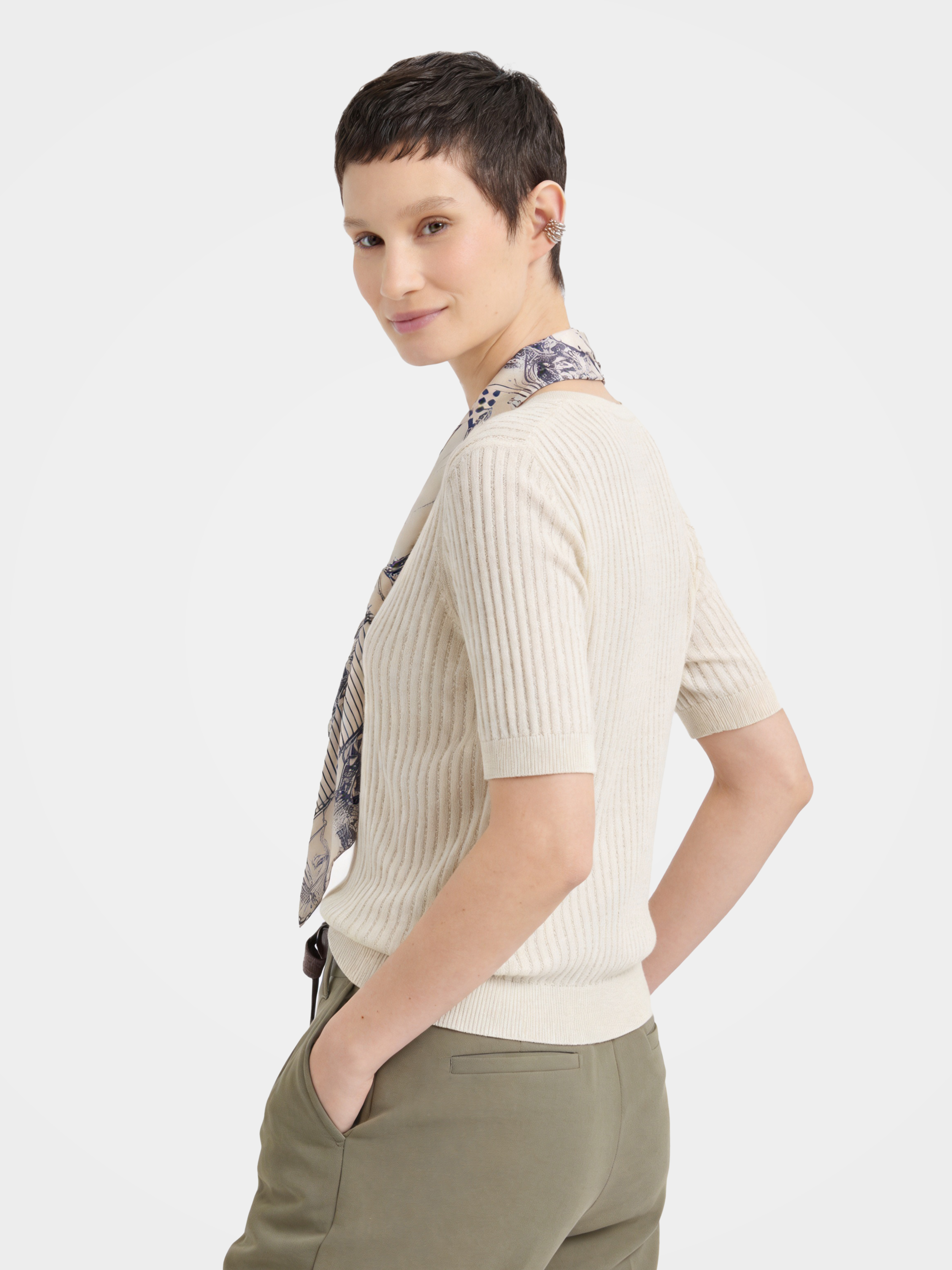Soft Cotton Ribbed Knit V Neck Top with Silk Scarf