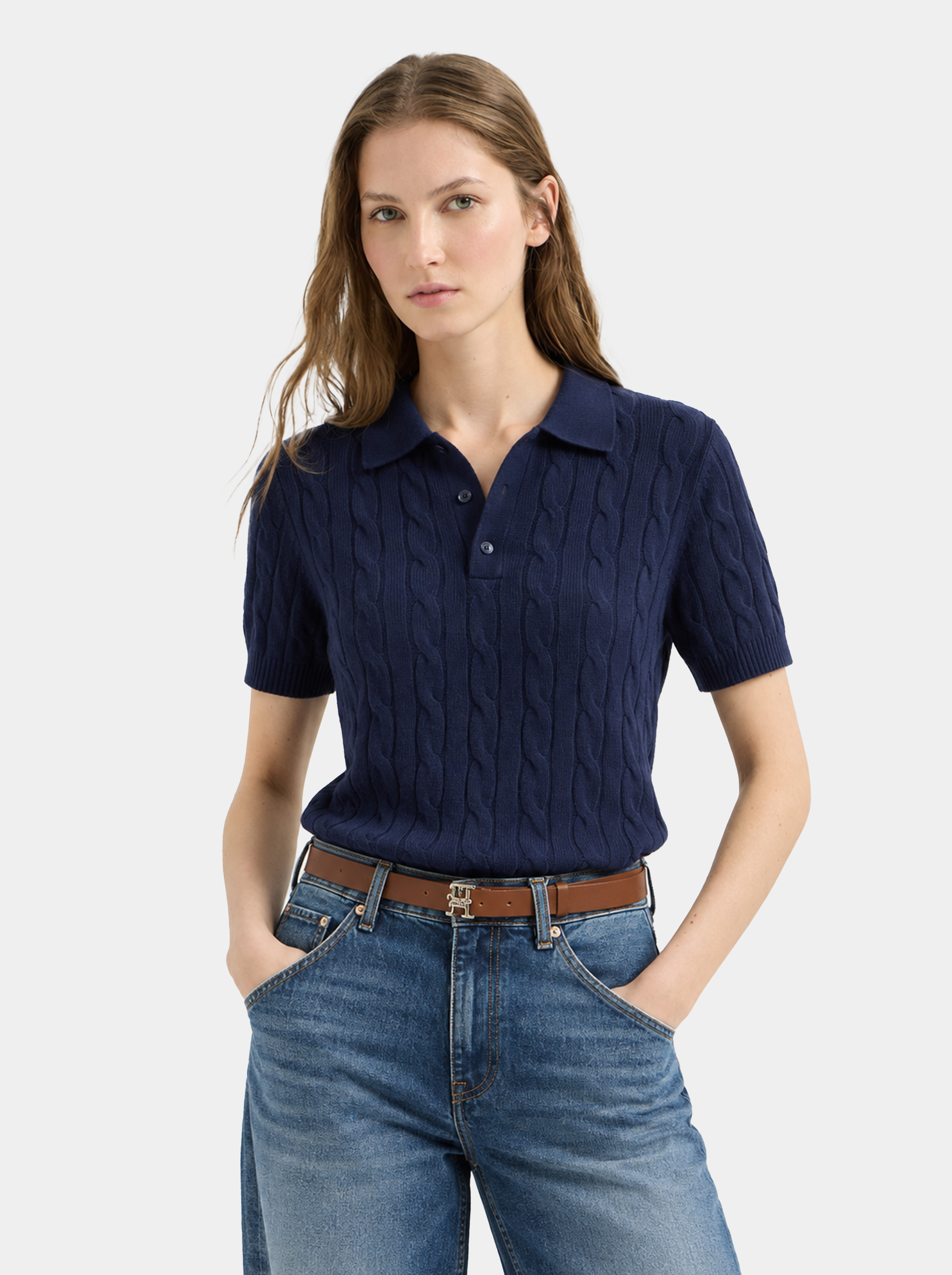 100% Mongolian Cashmere Cable Knit Short Sleeve Polo Sweater