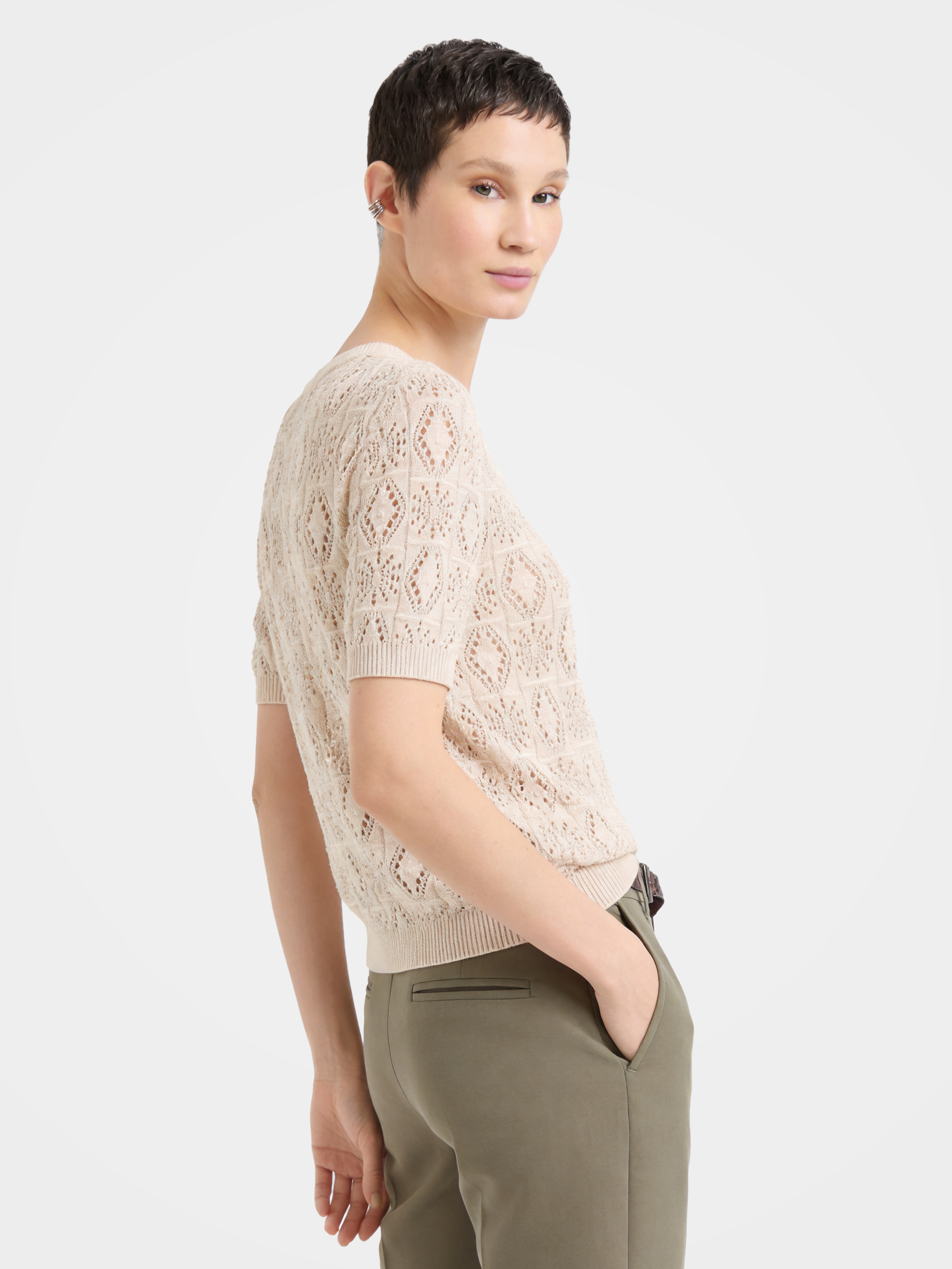 Breathable Cotton Silk Blend Diamond Pointelle Knit Top
