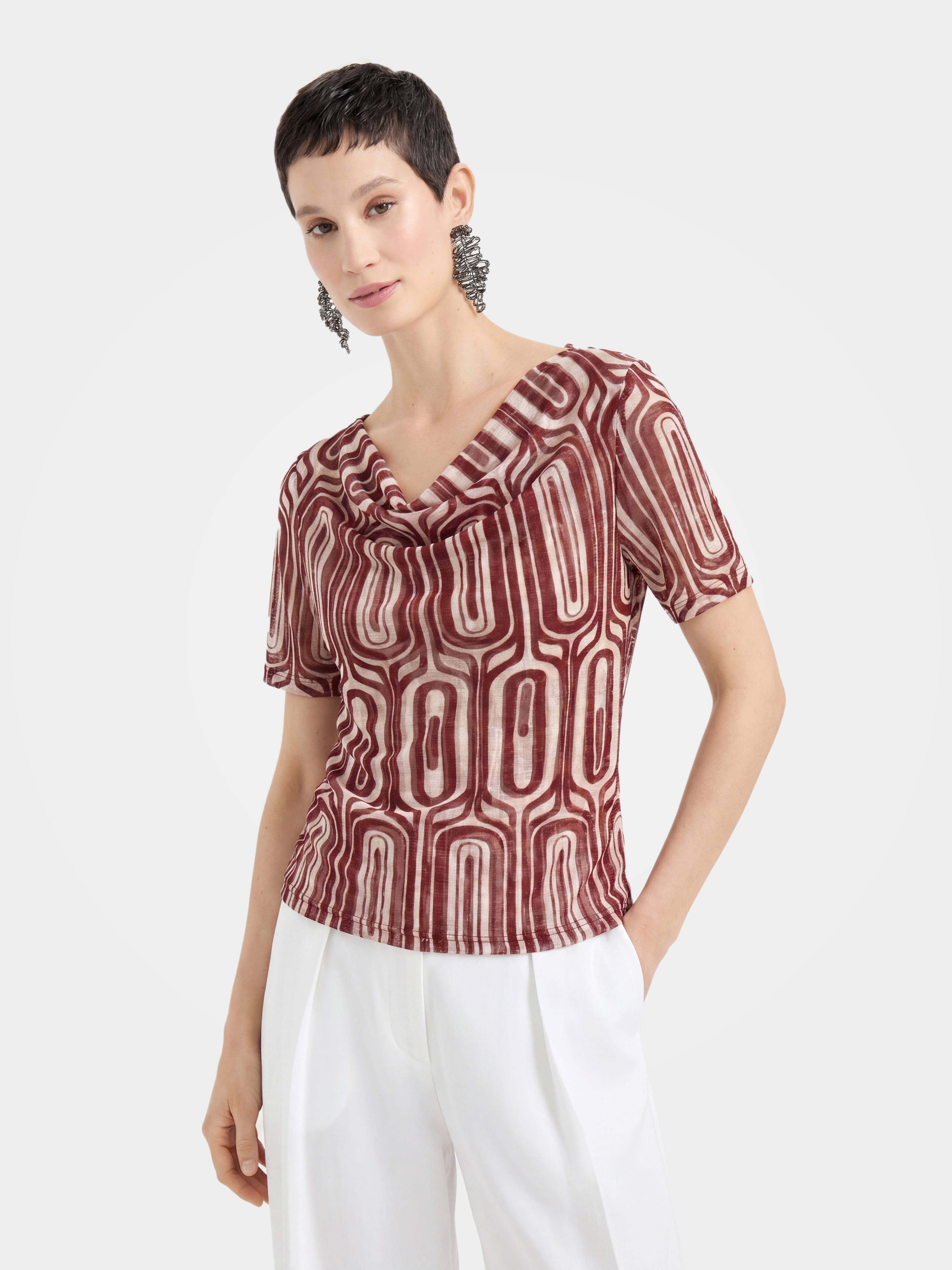 Printed Breathable Silk Cowl Neck Short Sleeve Top