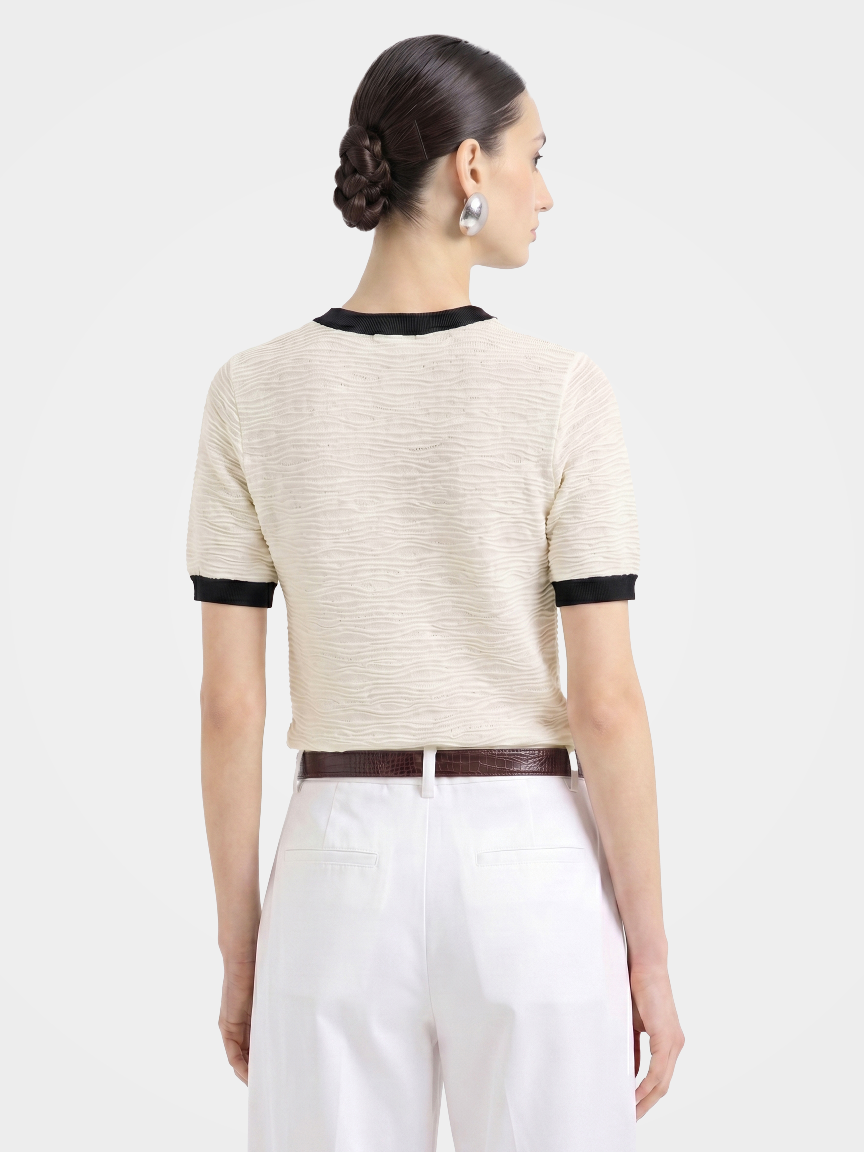 Refined Wool Silk Wave Texture Short Sleeve Top
