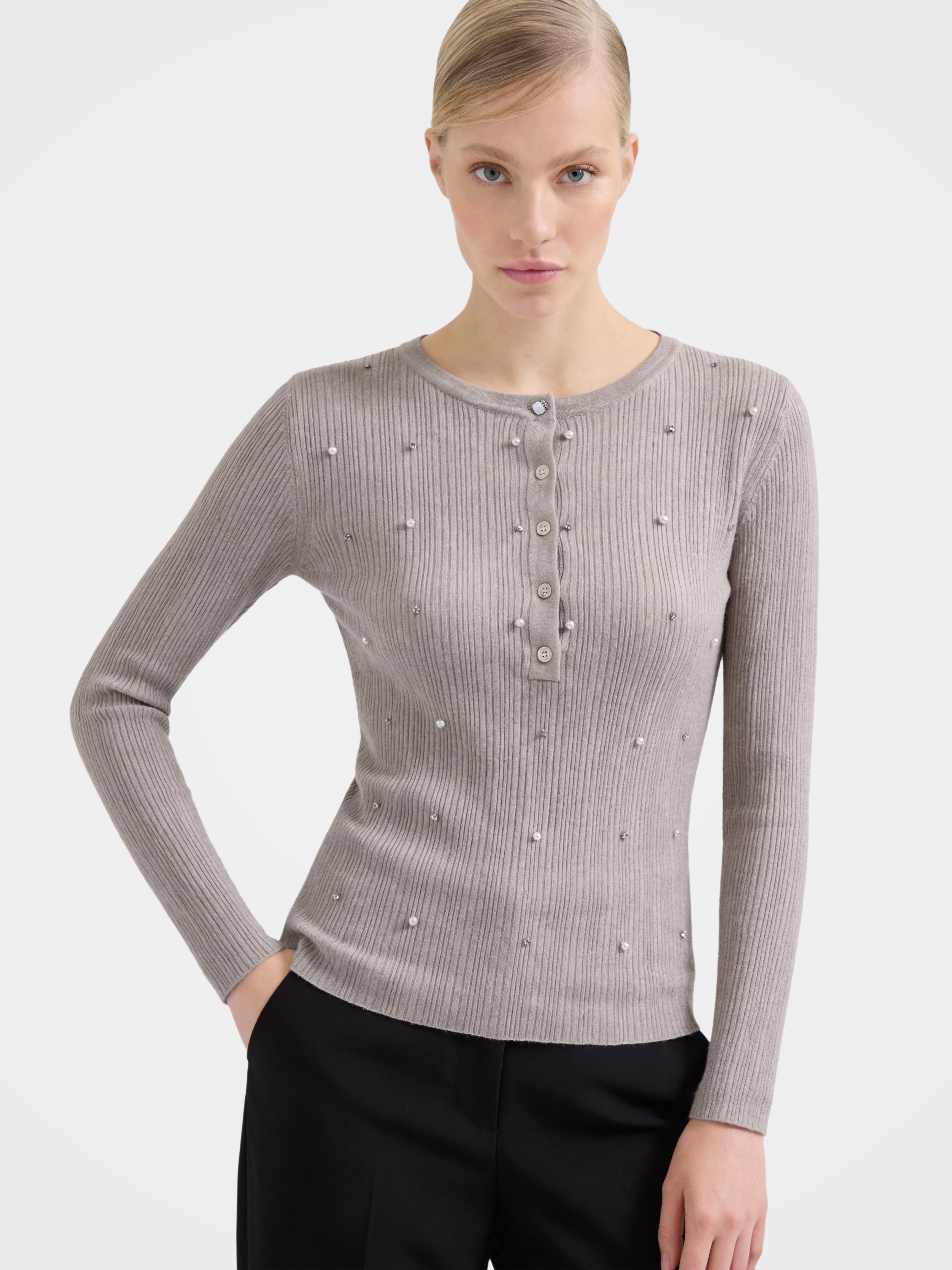 Lightweight Wool Cashmere Beaded Rib Knit Top