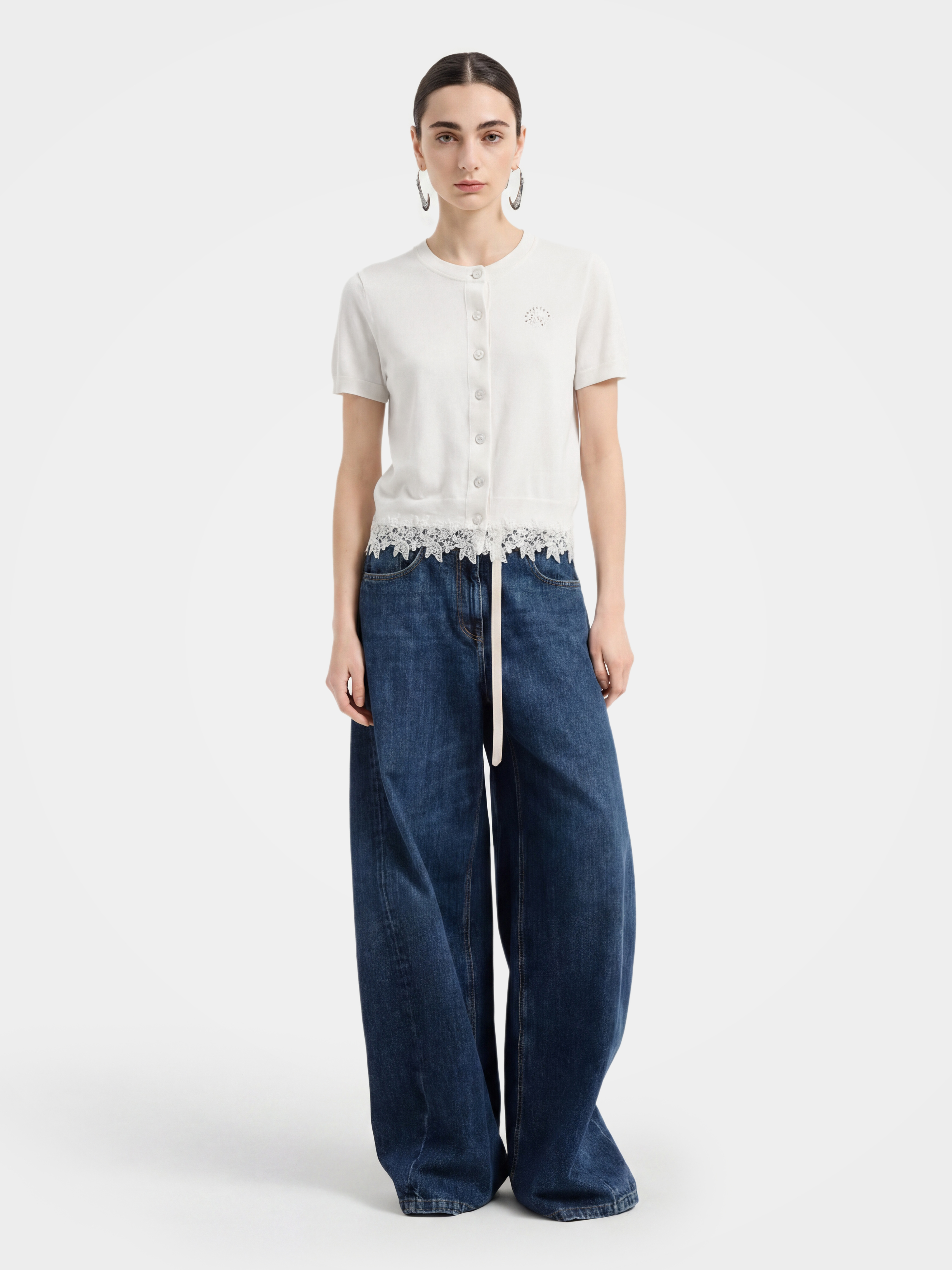 Lightweight Button Front Knit Top with Lace Trim