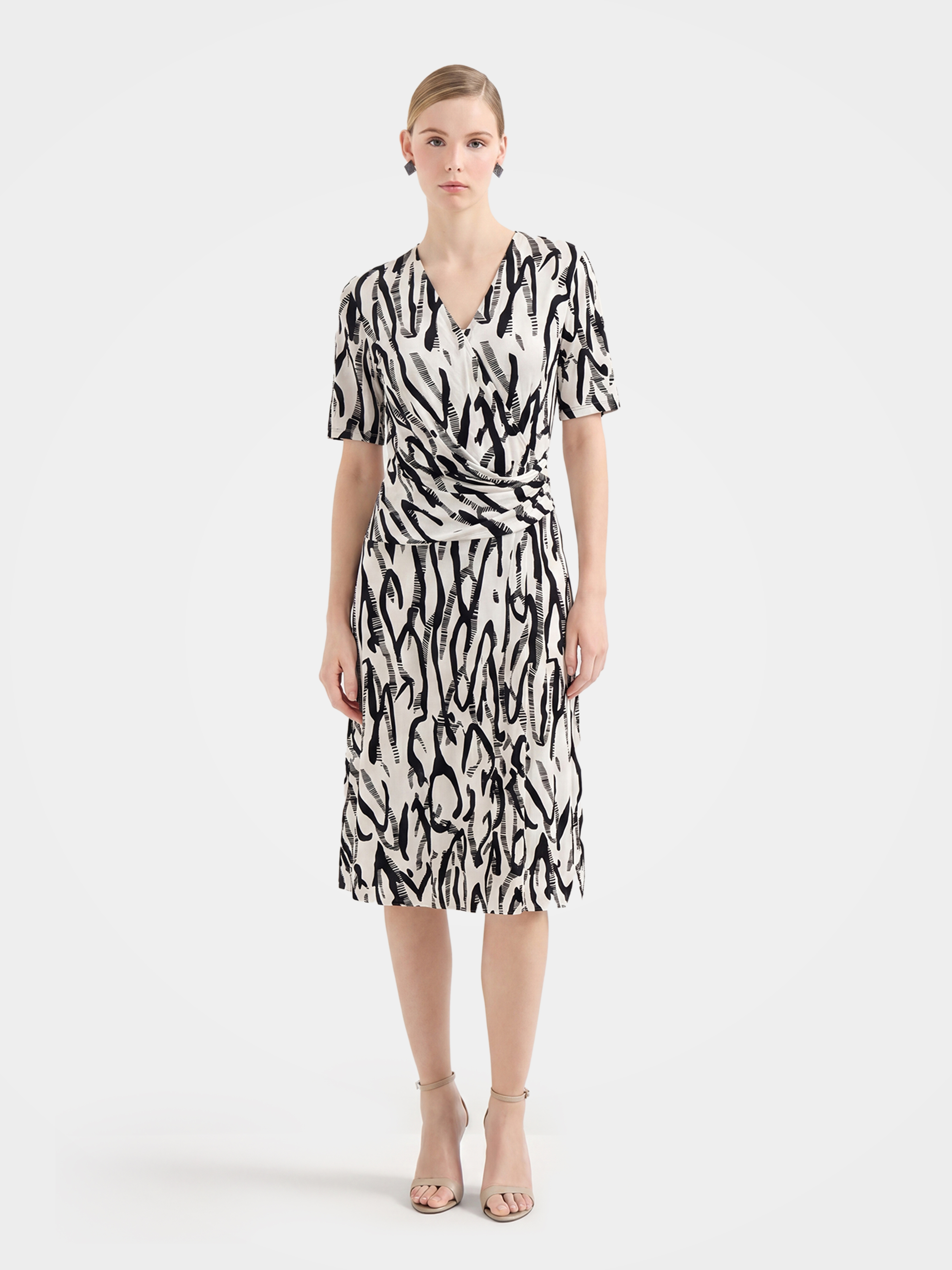 Black Silk Print Wrap Knee-Length Shirt Dress