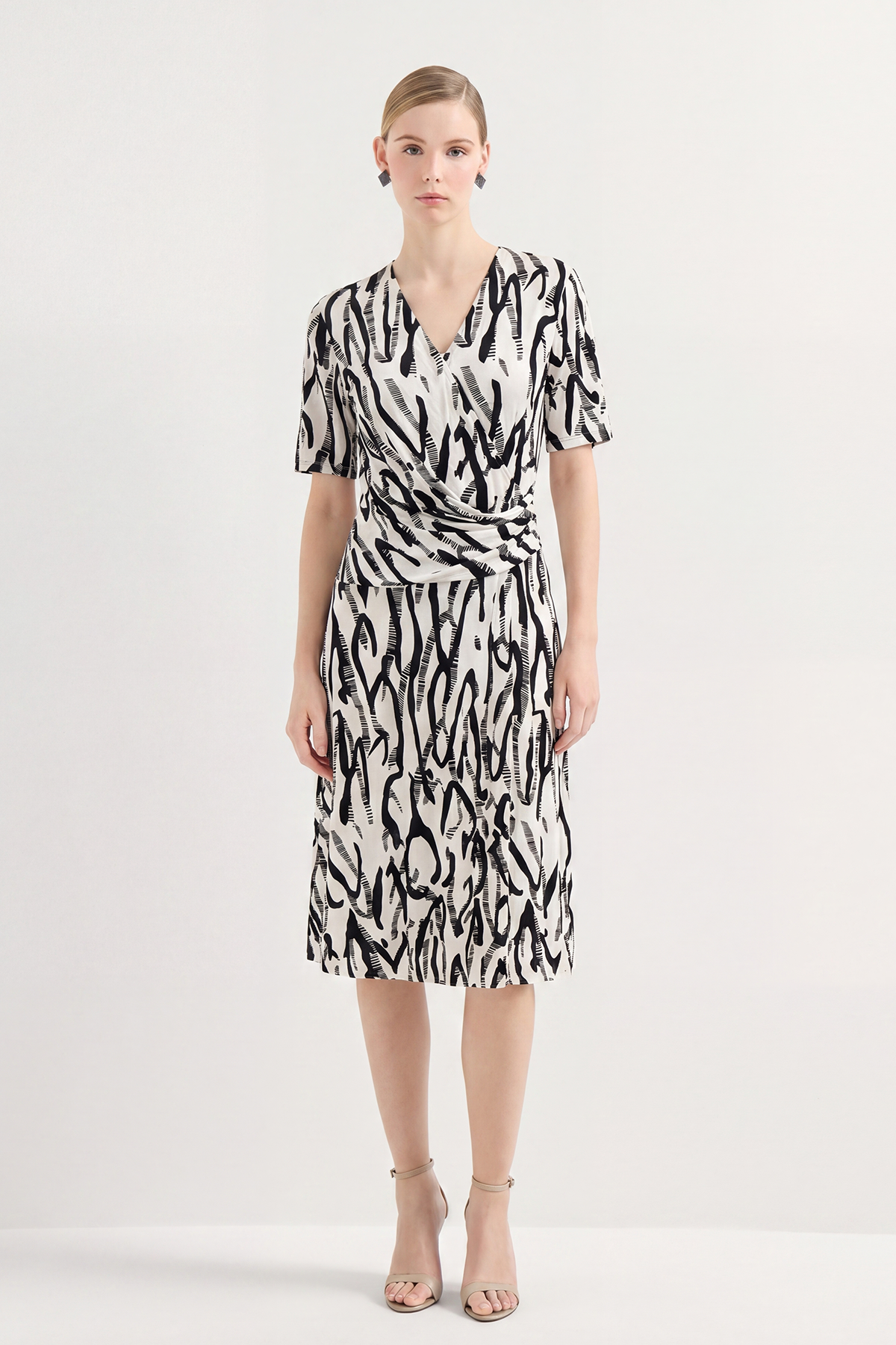 Black Silk Print Knee Length Wrap Dress