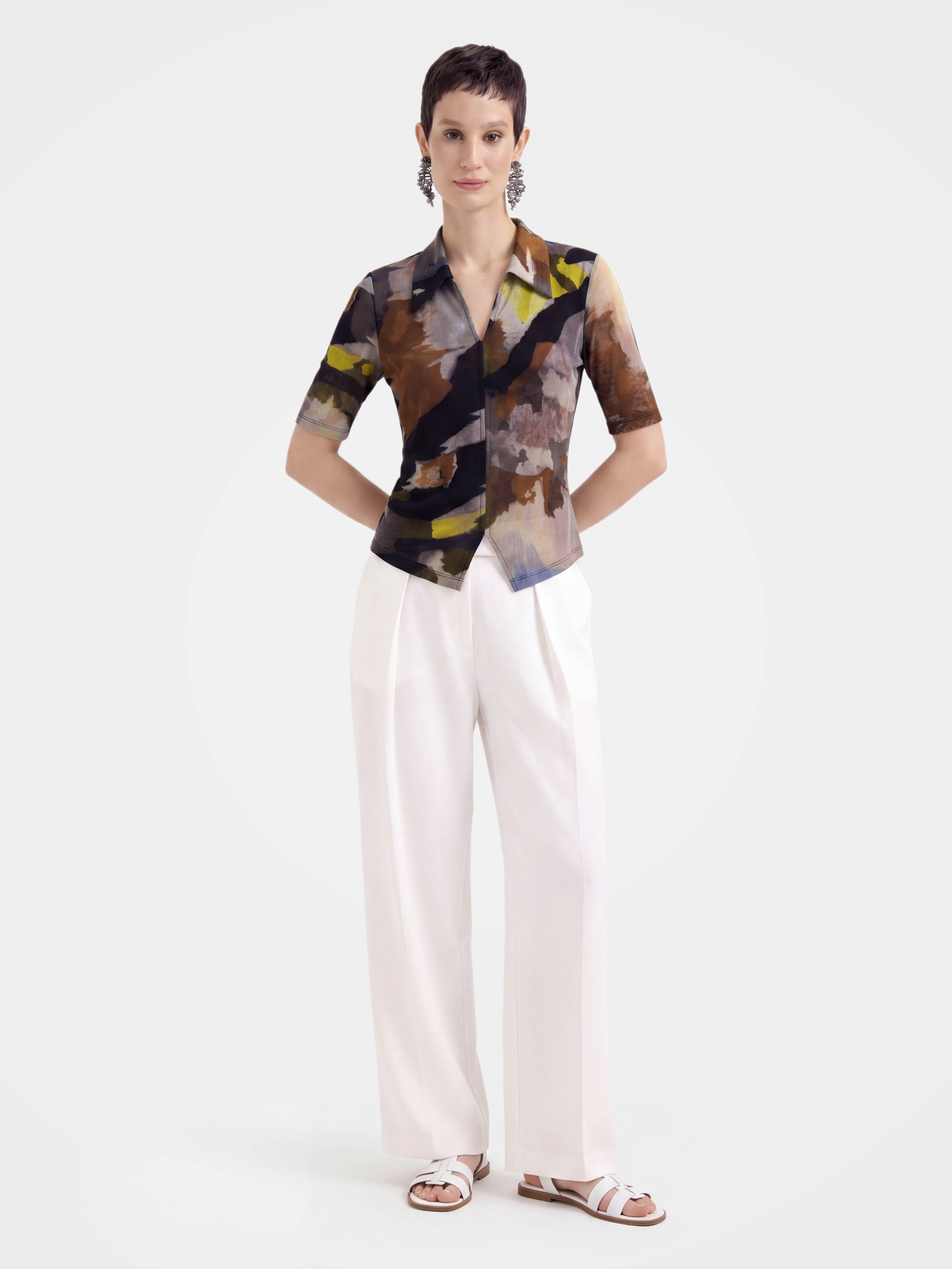 Lightweight Multicolor Printed V Neck 100% Mulberry Silk Blouse