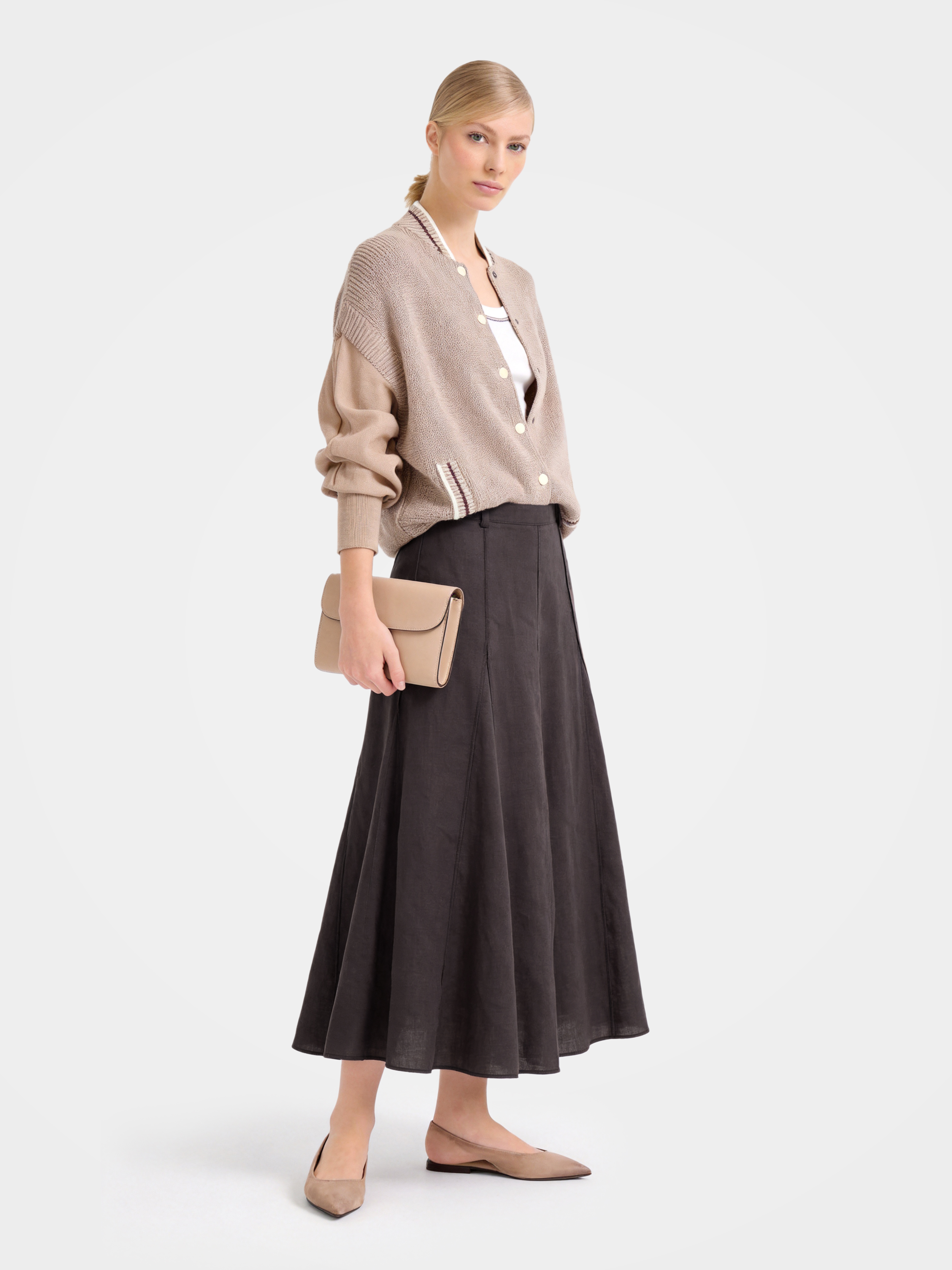 Brown Linen Classic Midi Skirt