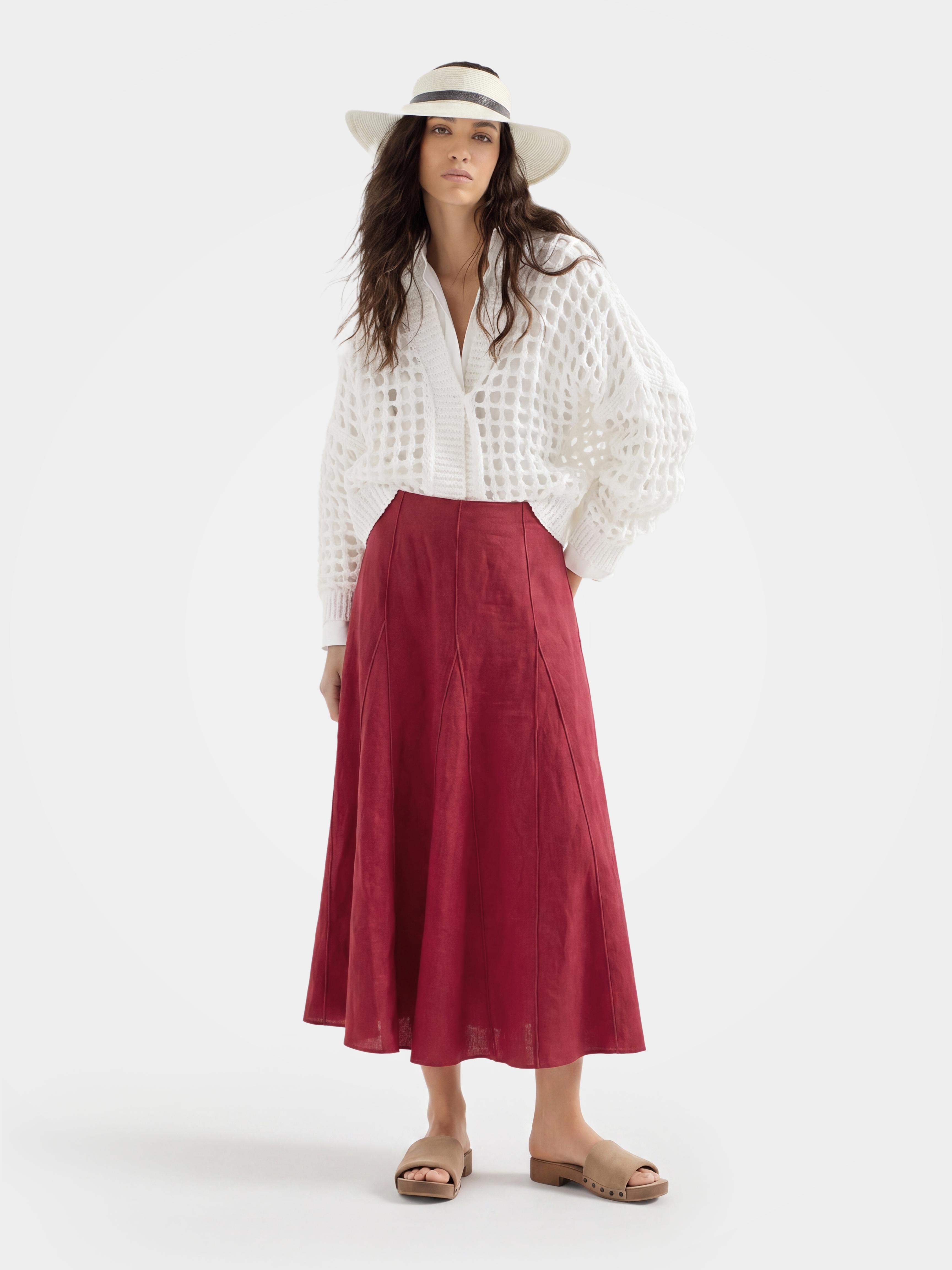 Red Linen Classic Midi Skirt