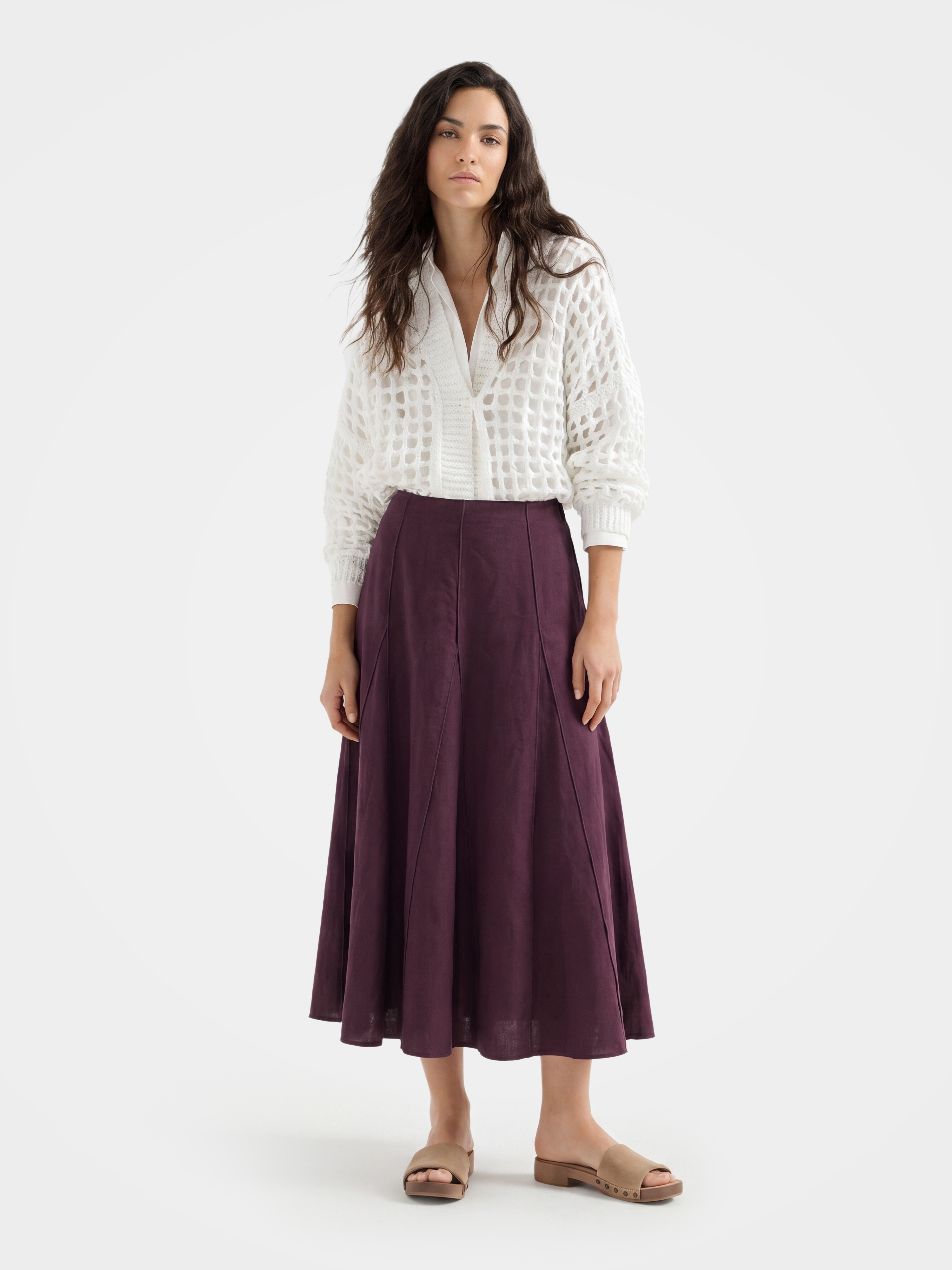 Purple Linen Classic Midi Skirt