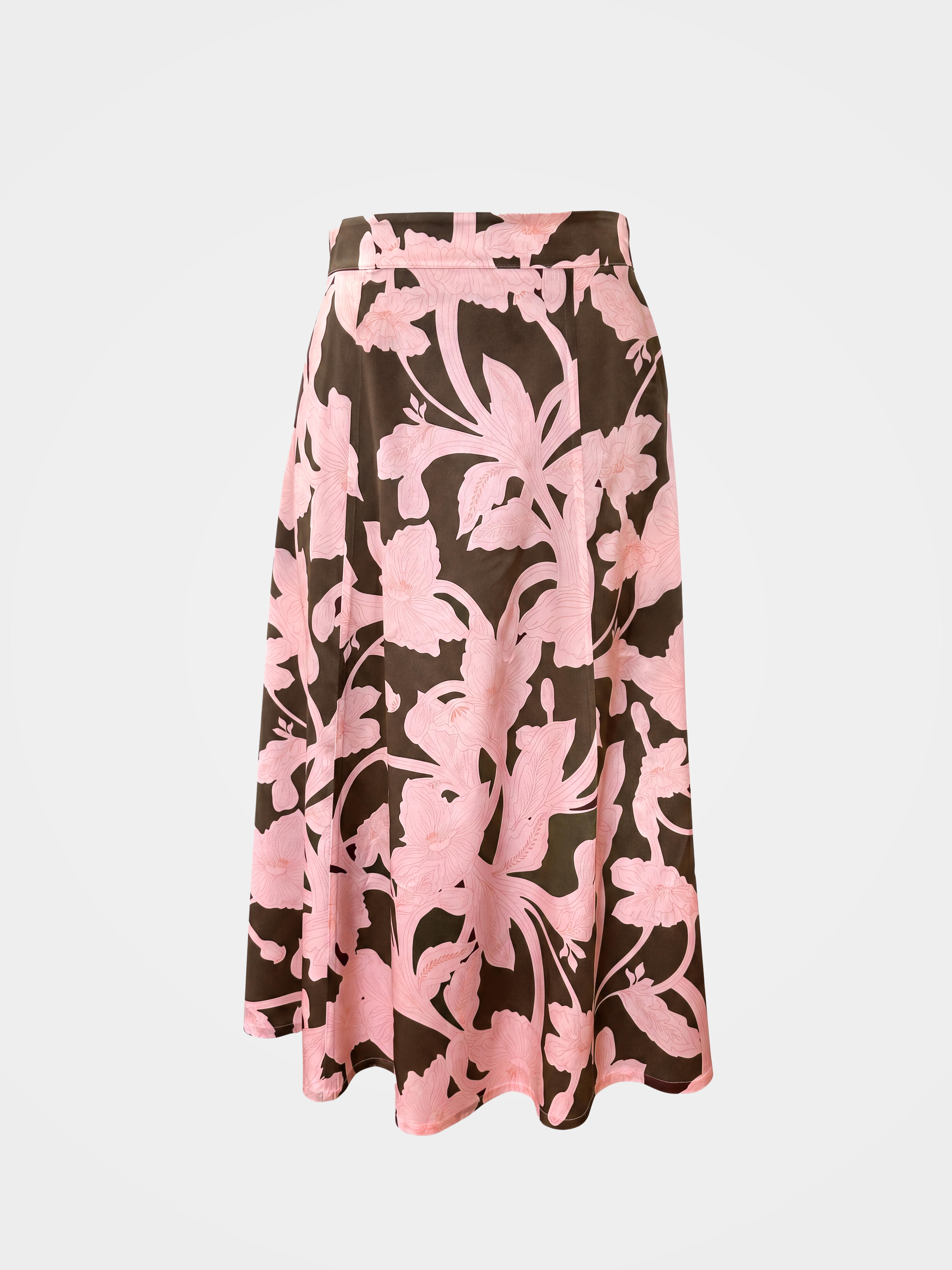 Brown Mulberry Silk Floral Printed Midi Skirt