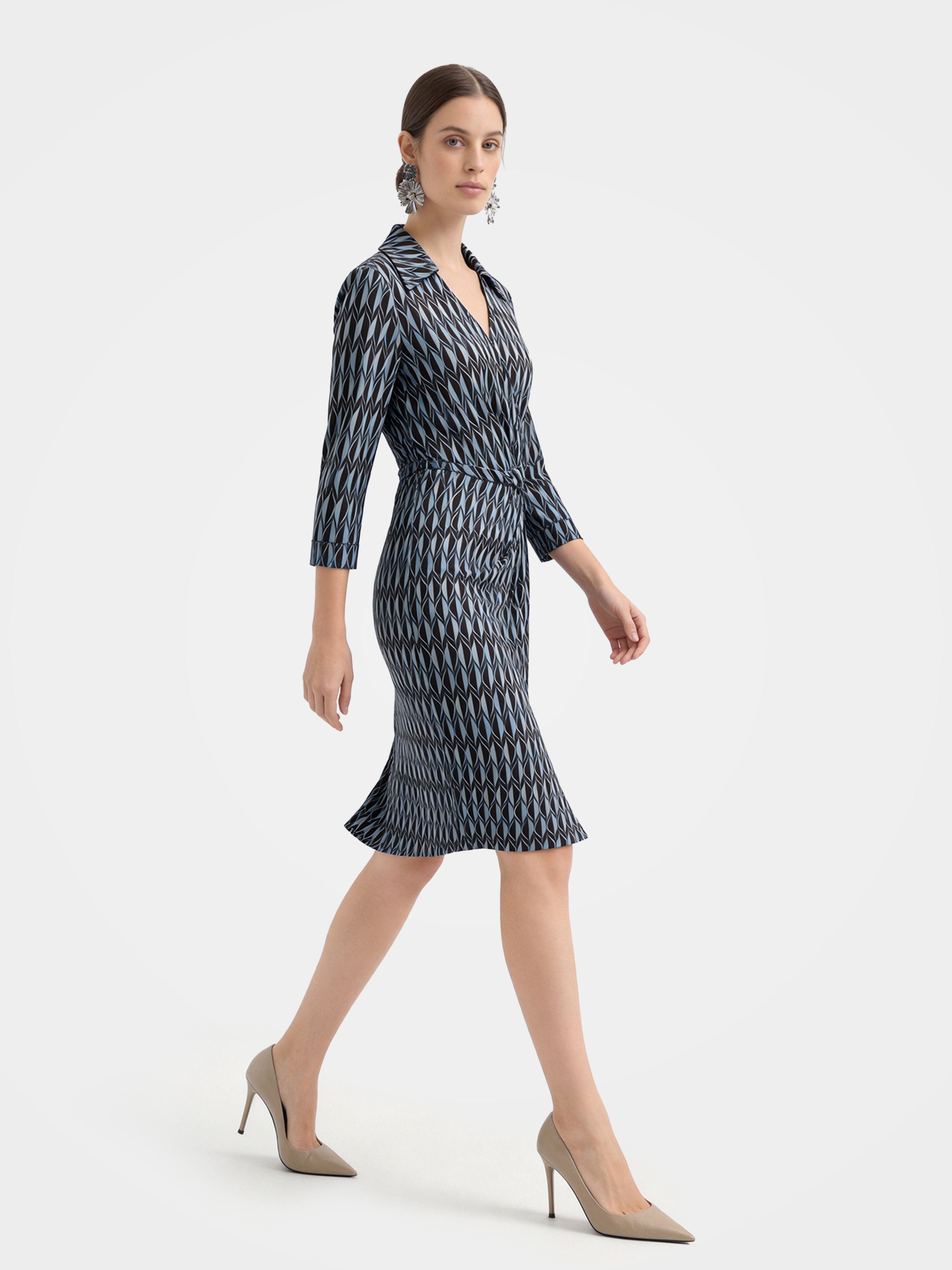 Luxury Mulberry Silk Geometric Wrap Midi Dress