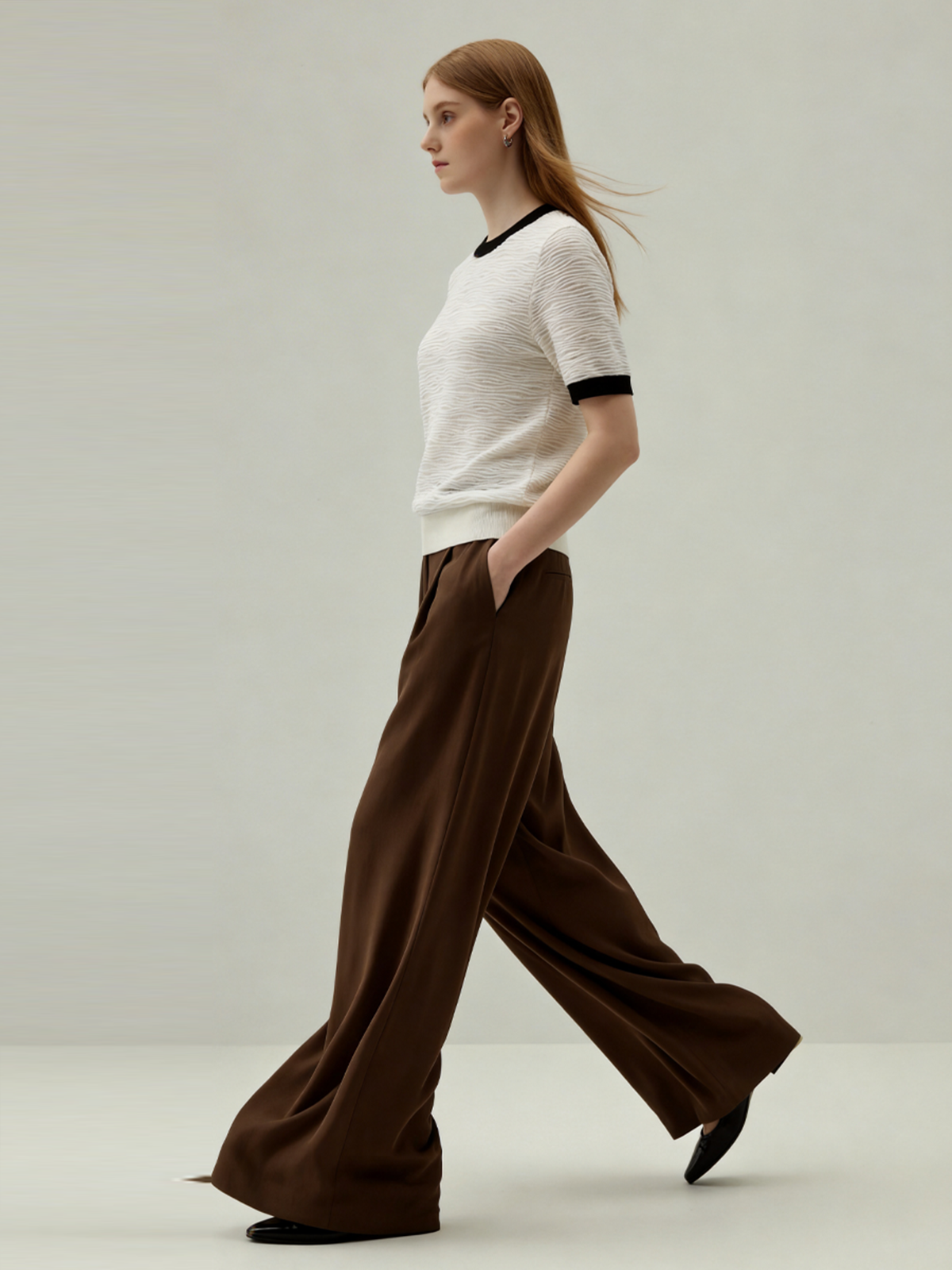 White Wool-Silk Knit Sweater with Contrast Trim