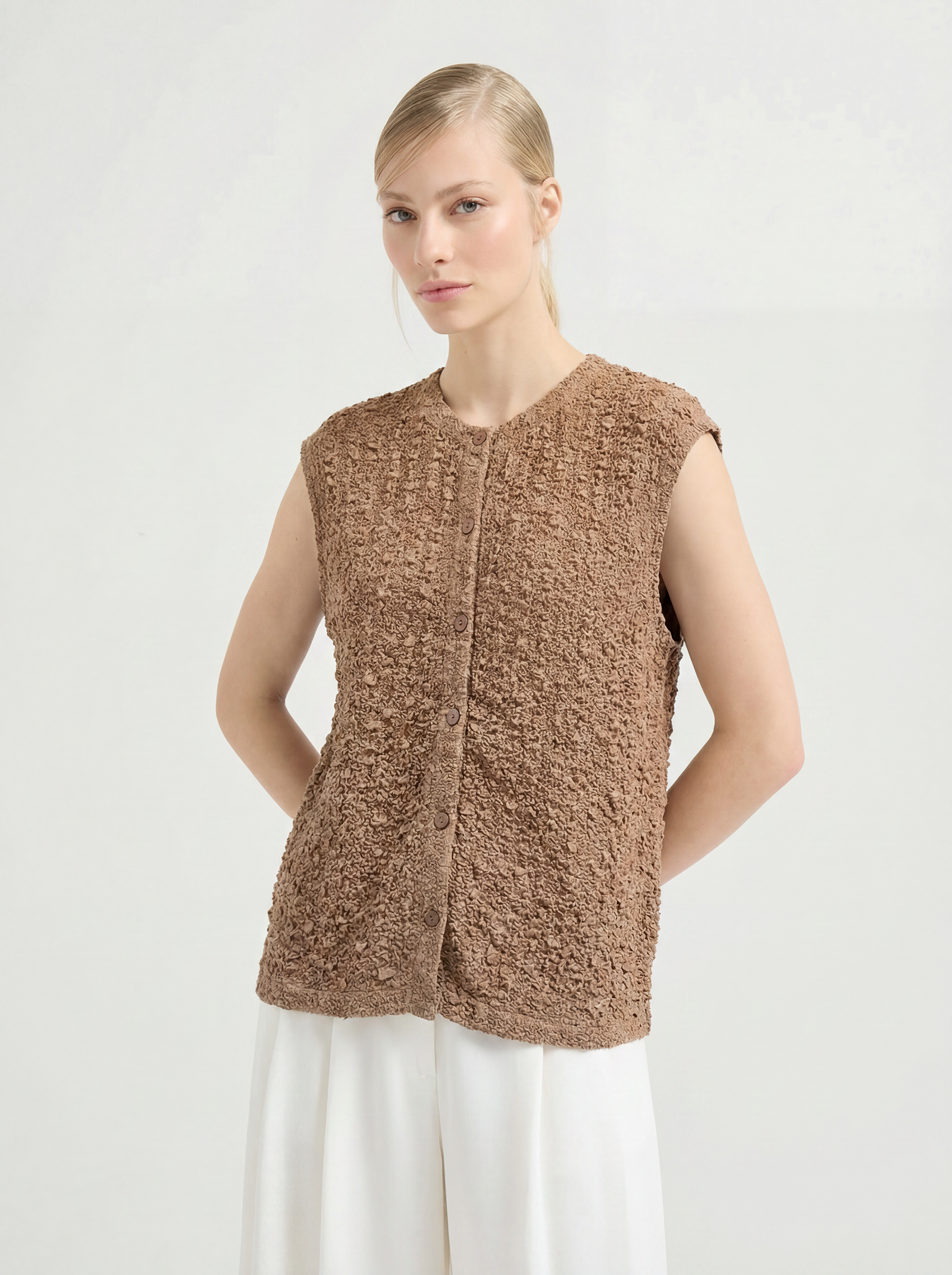 Lightweight Brown Crinkled Sleeveless Cardigan