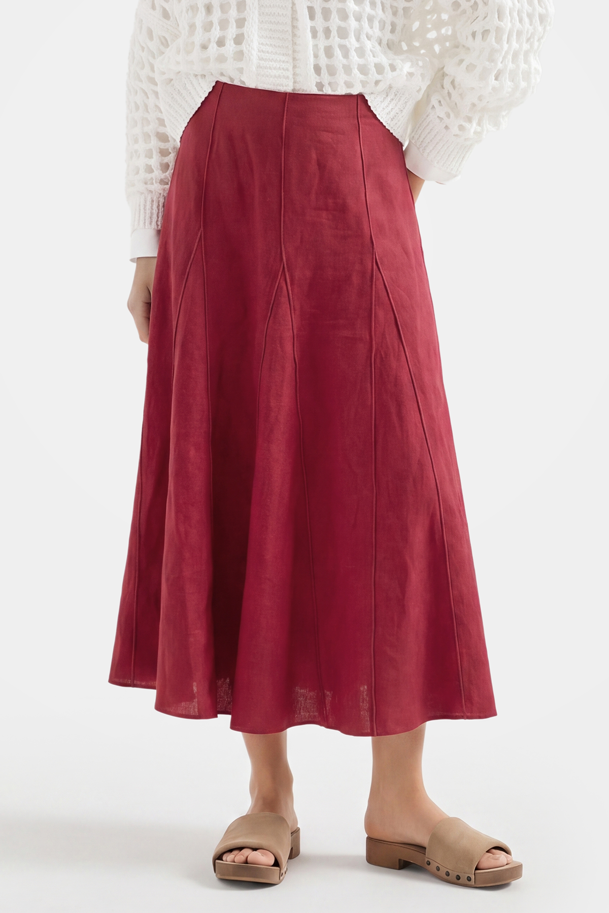 Red Linen Classic Midi Skirt