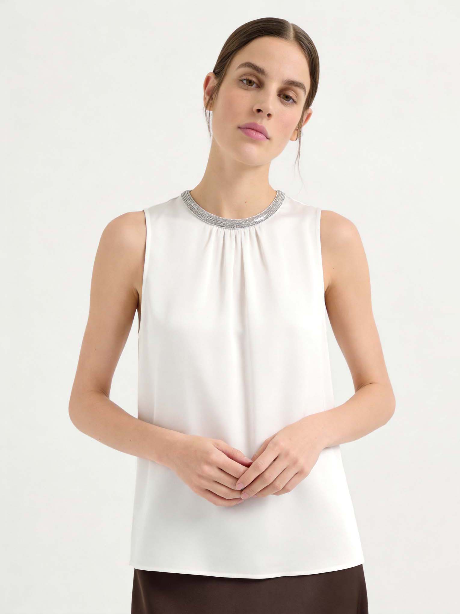 Ivory Silk Sleeveless Crew Neck Tank