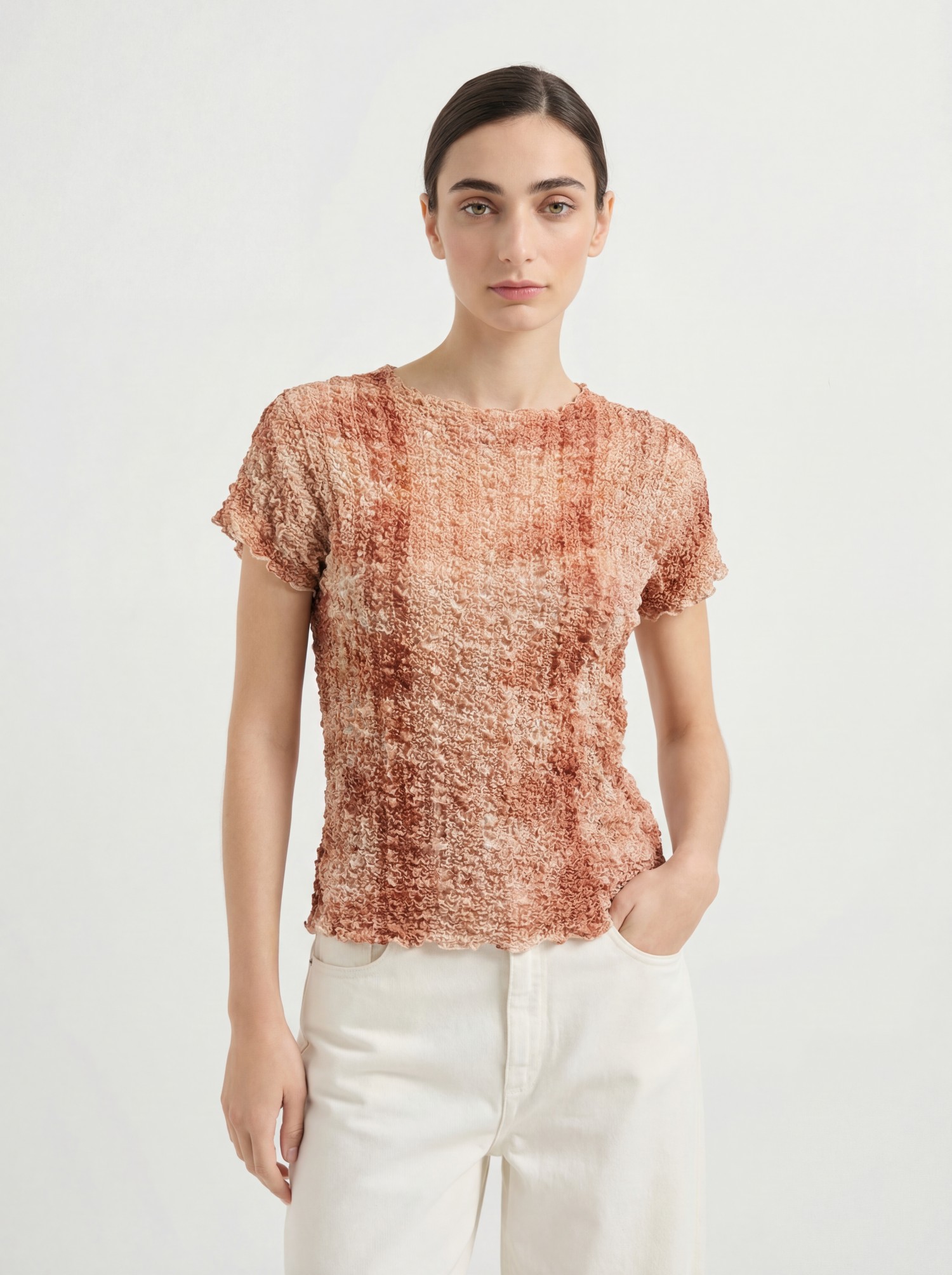 Red Silk Crinkled Colorblock Knit Sweater