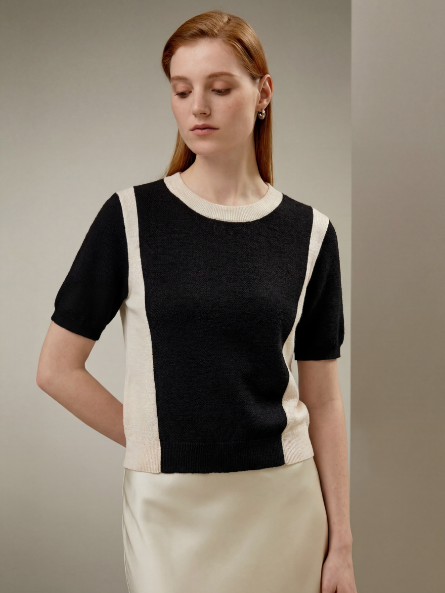 Wool Silk Short Sleeve Colorblock Knit Top