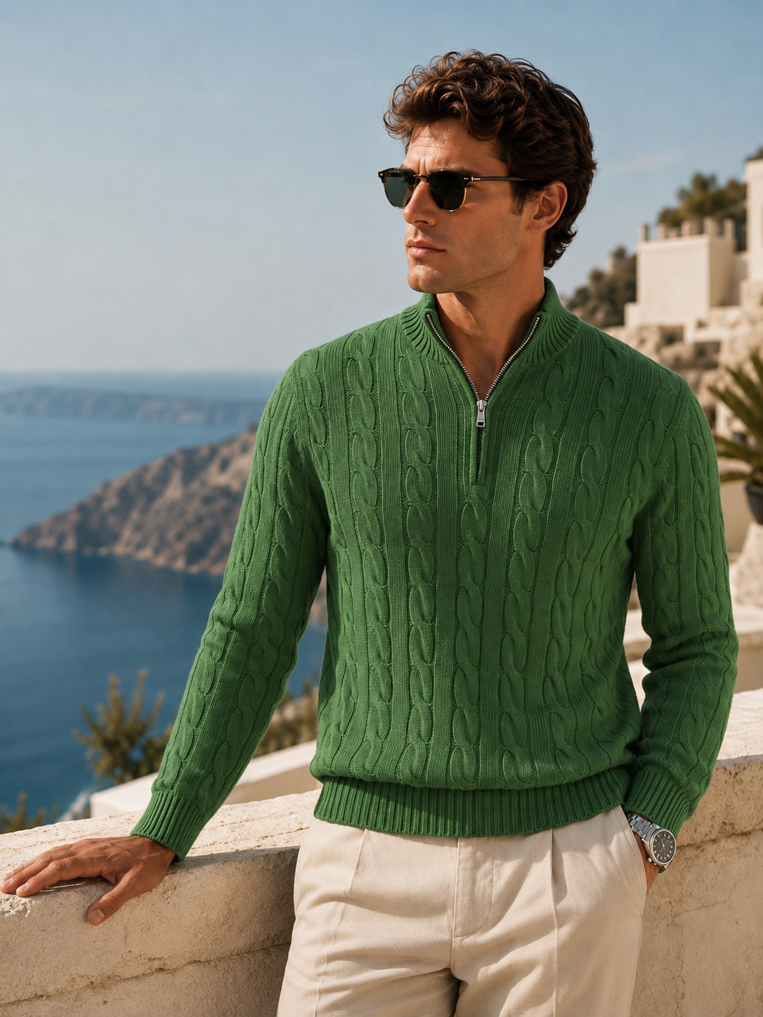 Men's 100% Cashmere Cable Knit Mock Neck Quarter-Zip Sweater